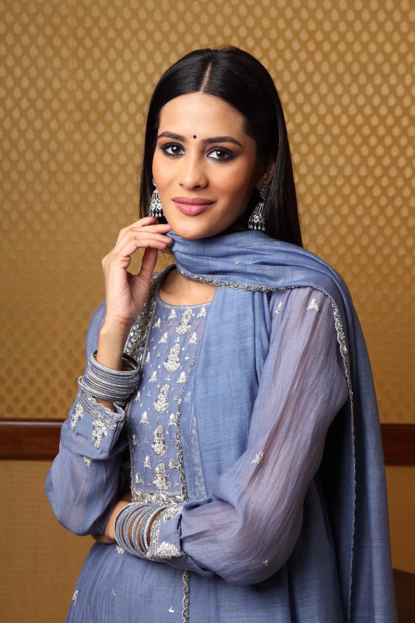 Handembroidered Allureblue Pure Silk Cotton Kurta Churidaar Set(B)