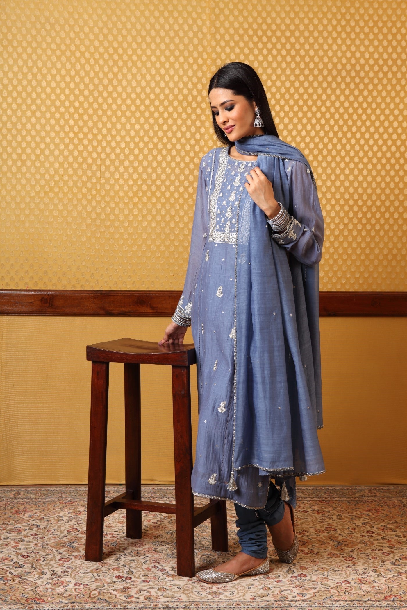 Handembroidered Allureblue Pure Silk Cotton Kurta Churidaar Set(B)