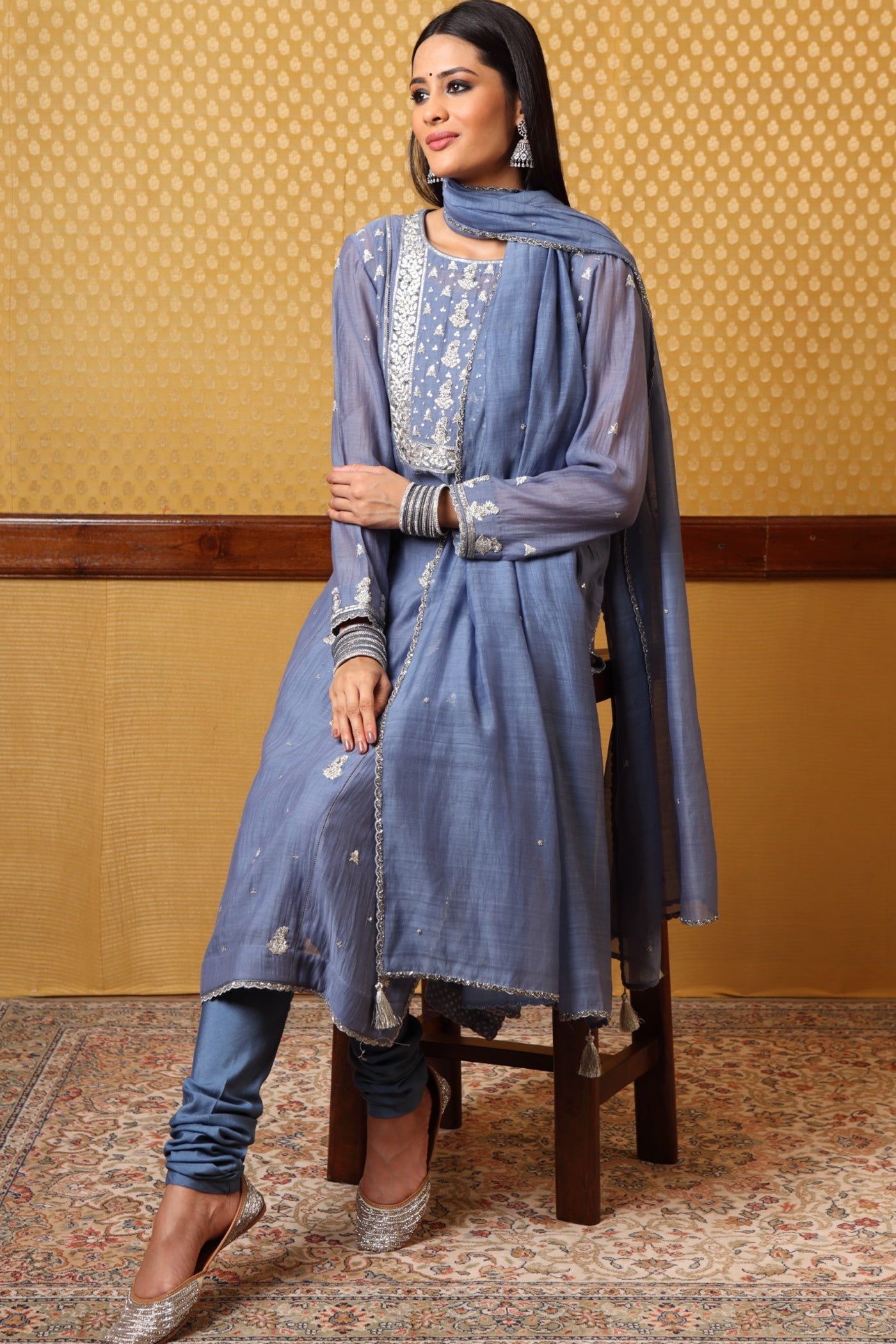 Handembroidered Allureblue Pure Silk Cotton Kurta Churidaar Set(B)