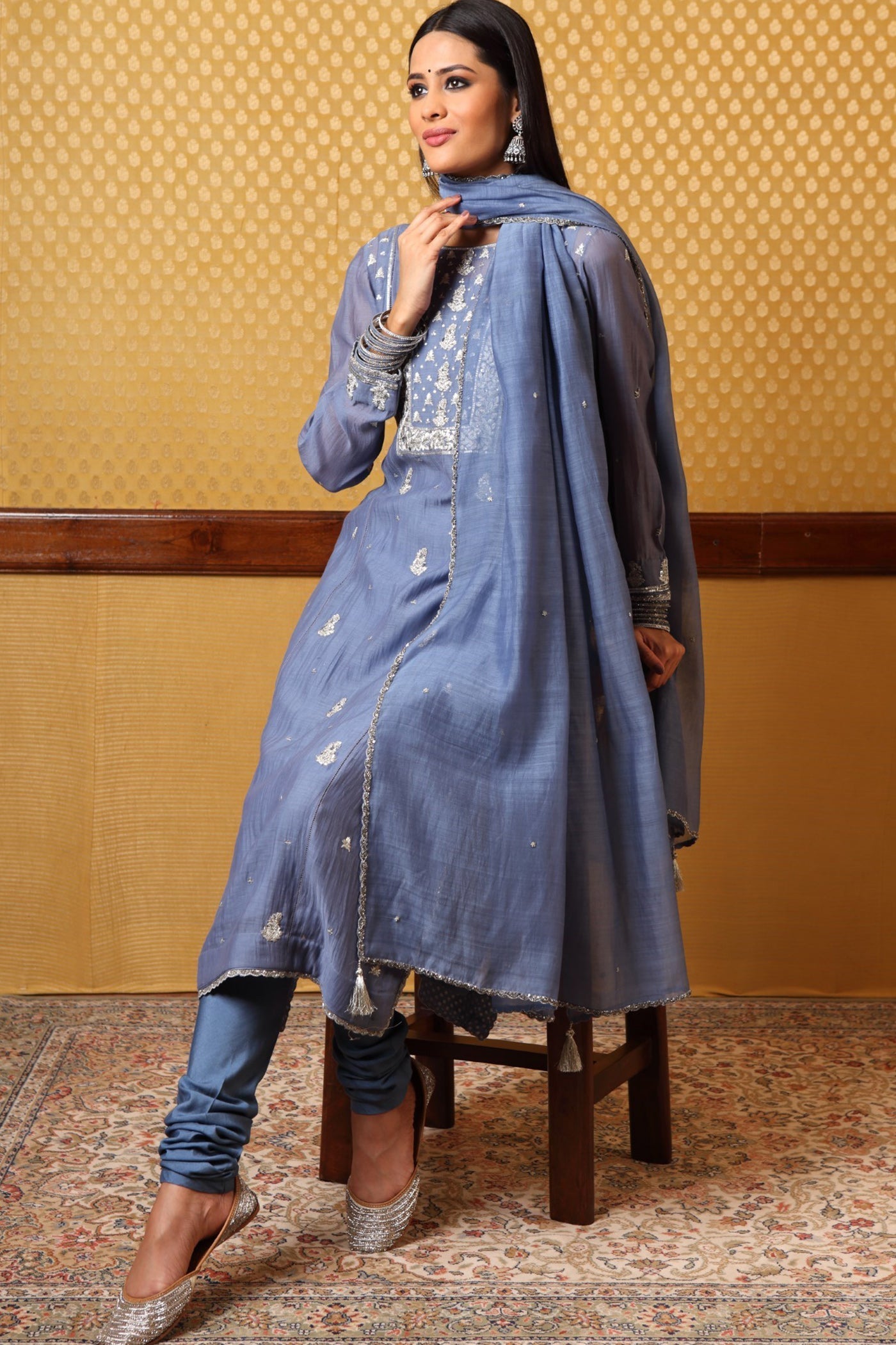 Handembroidered Allureblue Pure Silk Cotton Kurta Churidaar Set(B)