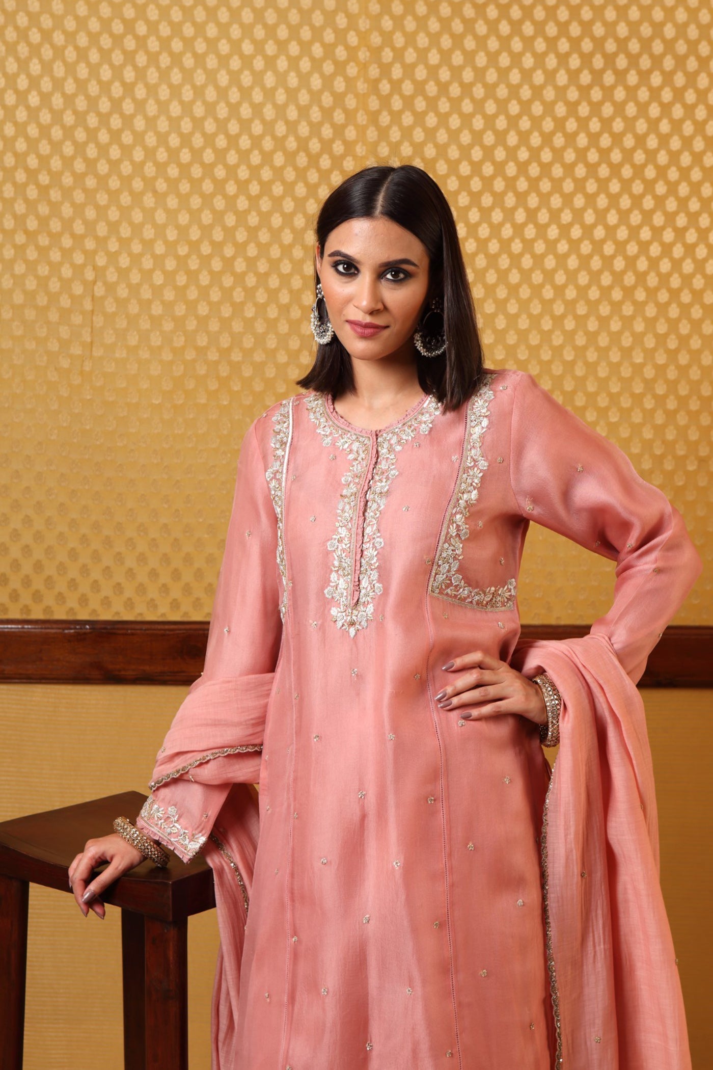 Hand Embroidered Soft Coral Pure Silkorganza Kurtachuridaar Set