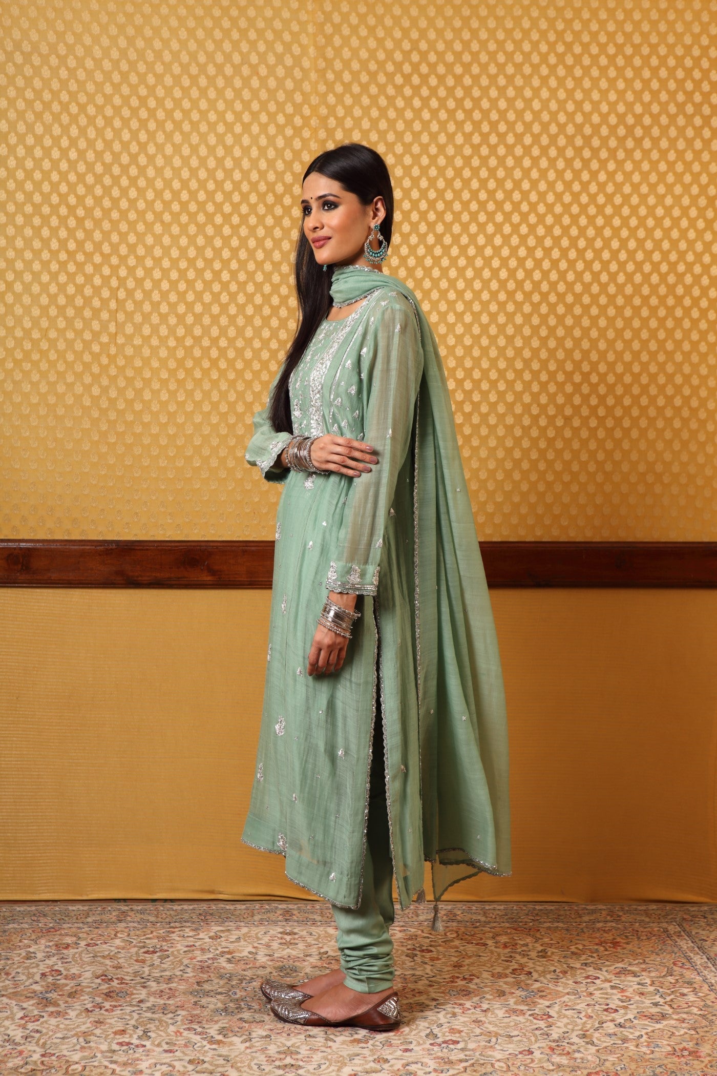 Hand embroidered Fern Green Pure Silk cotton Kurta churidar Set (B)
