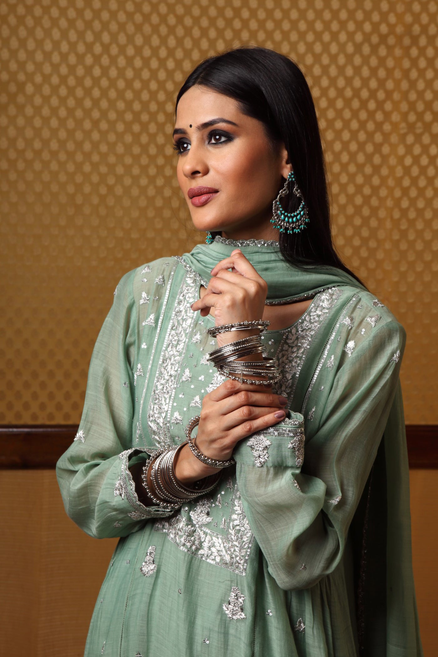 Hand embroidered Fern Green Pure Silk cotton Kurta churidar Set (B)