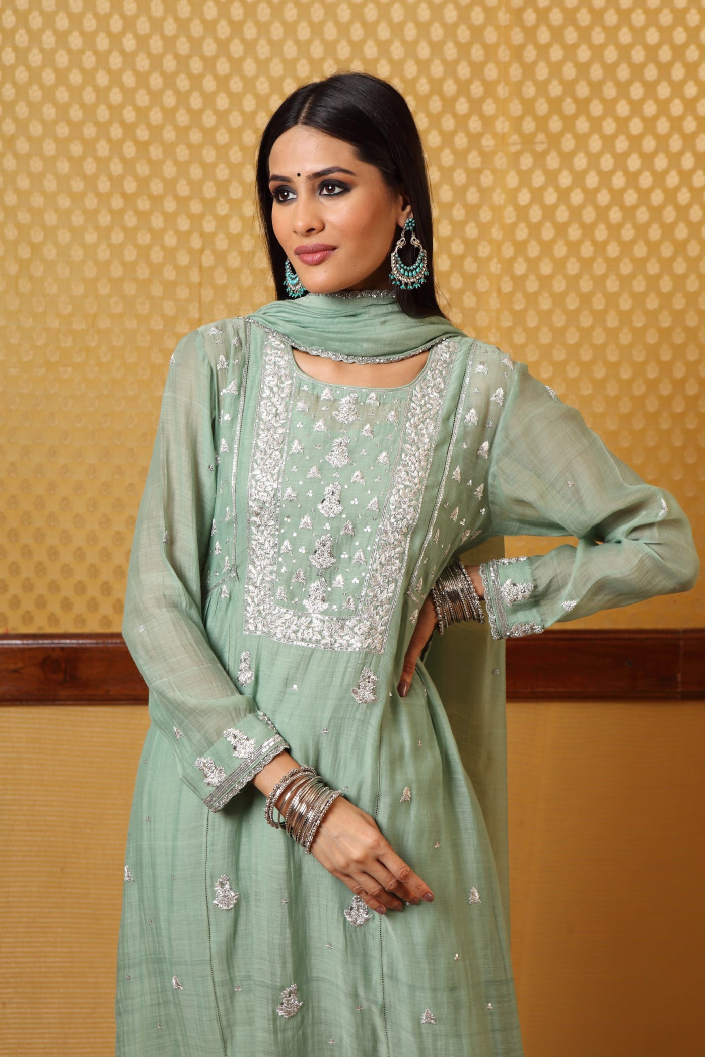 Hand embroidered Fern Green Pure Silk cotton Kurta churidar Set (B)