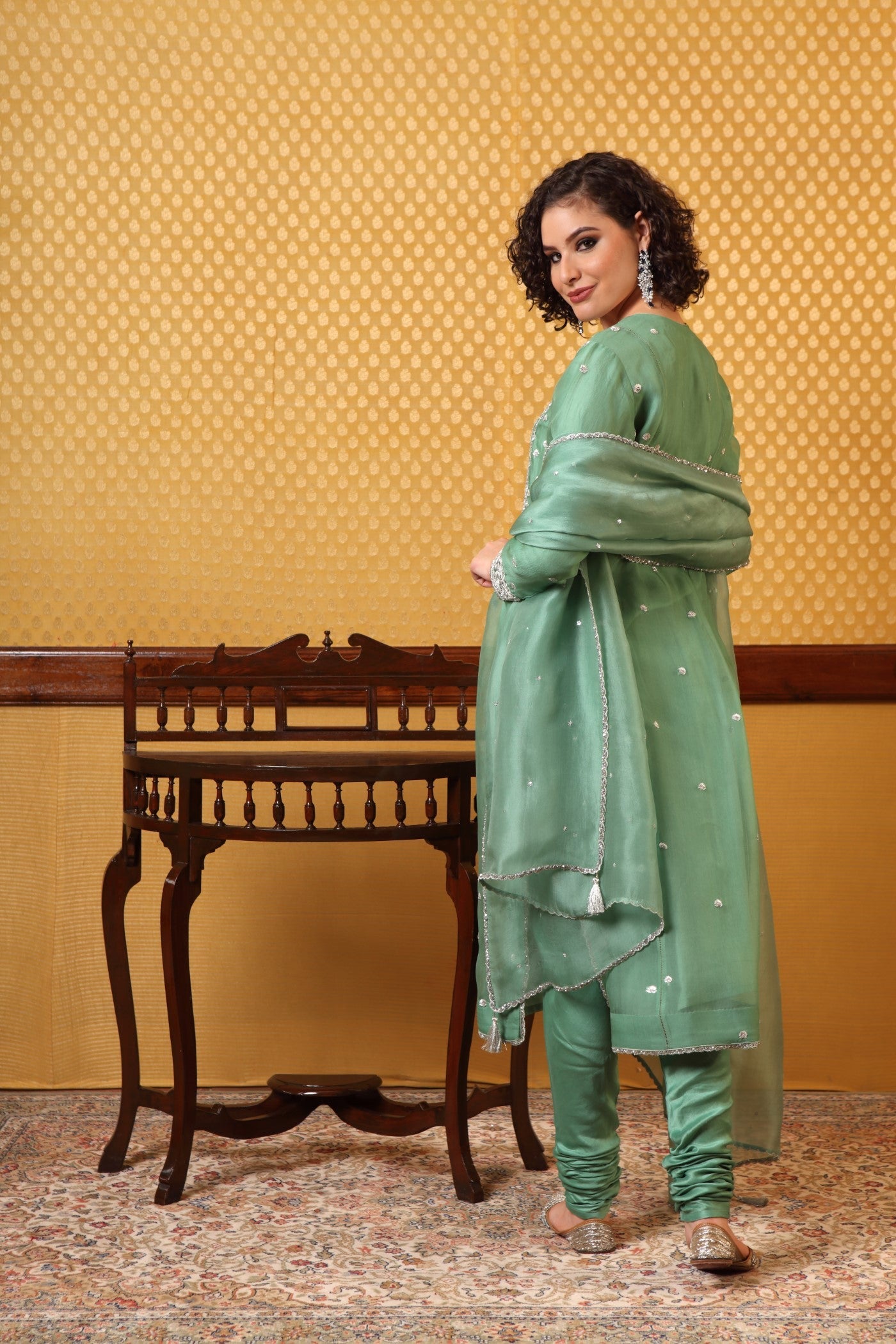 Hand Embroidered Leaf Green Pure Silkorganza Kurtachuridaar Set (A)