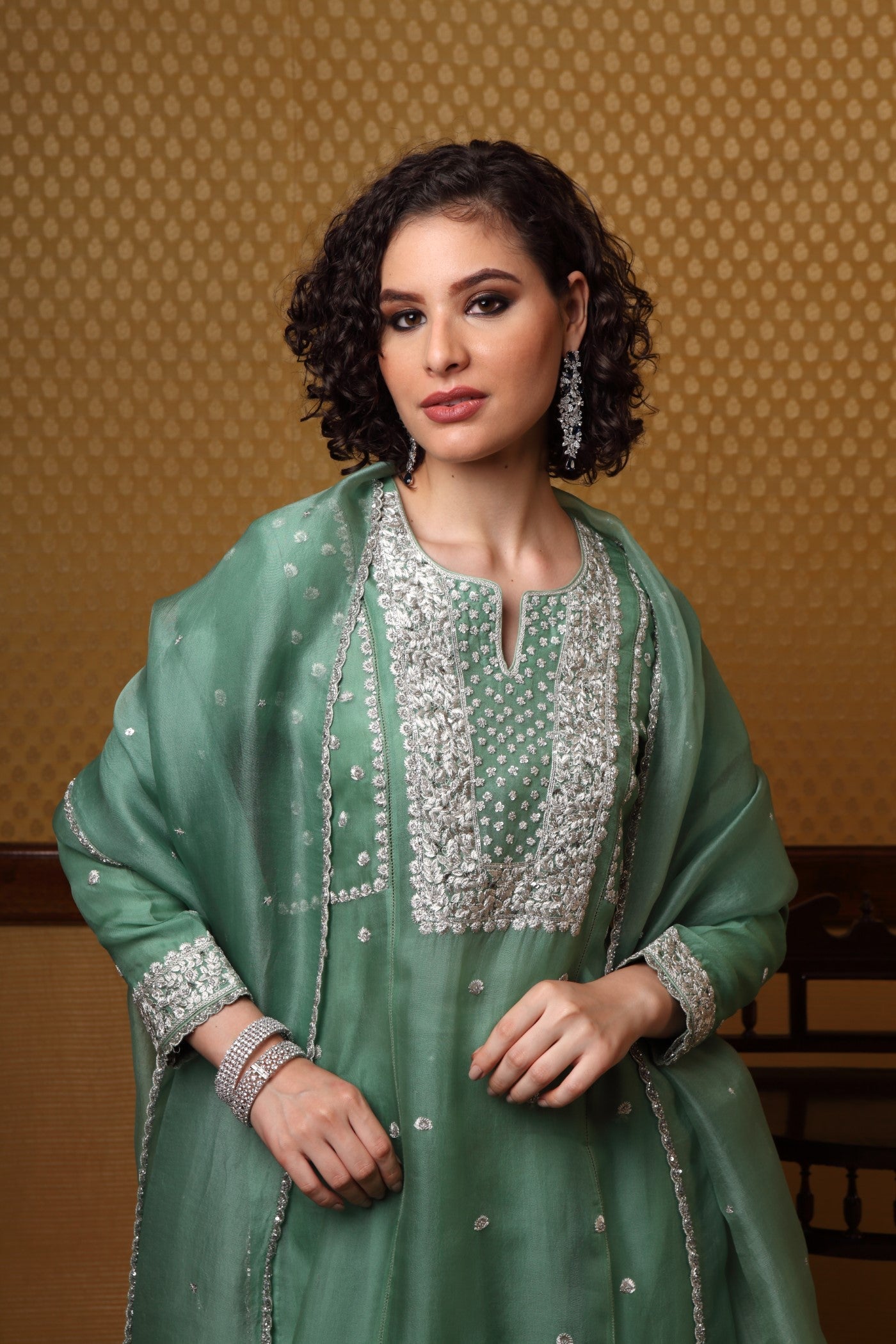 Hand Embroidered Leaf Green Pure Silkorganza Kurtachuridaar Set (A)