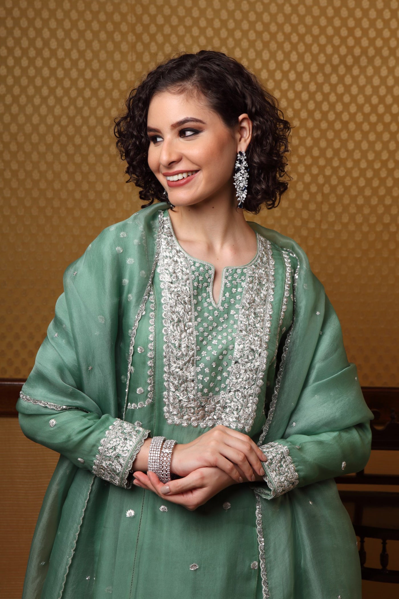 Hand Embroidered Leaf Green Pure Silkorganza Kurtachuridaar Set (A)