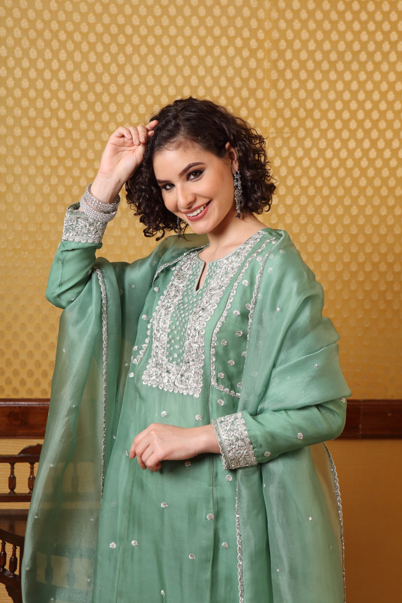 Hand Embroidered Leaf Green Pure Silkorganza Kurtachuridaar Set (A)