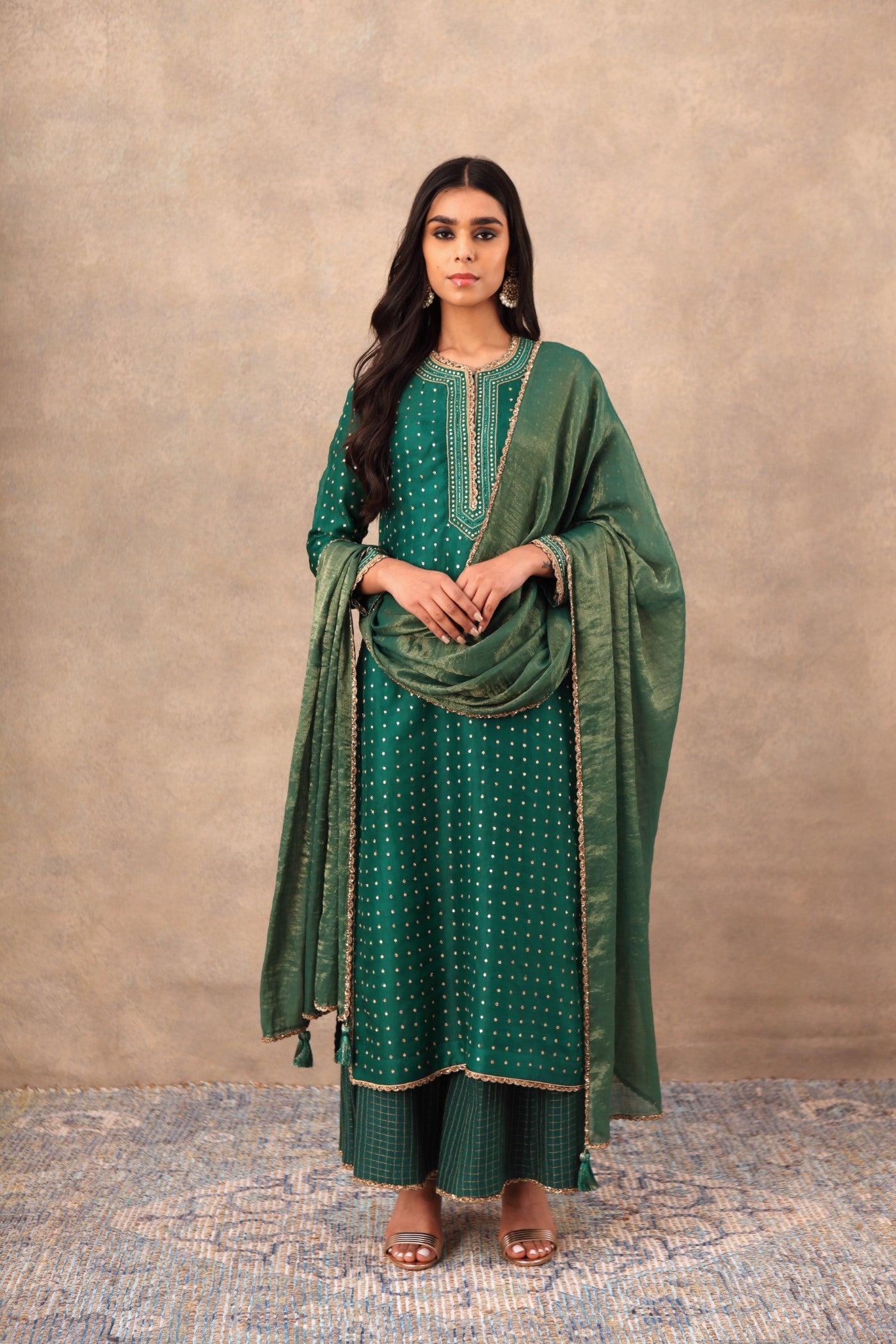 Hand Embroidered Dark Green Kurta Palazzo Set