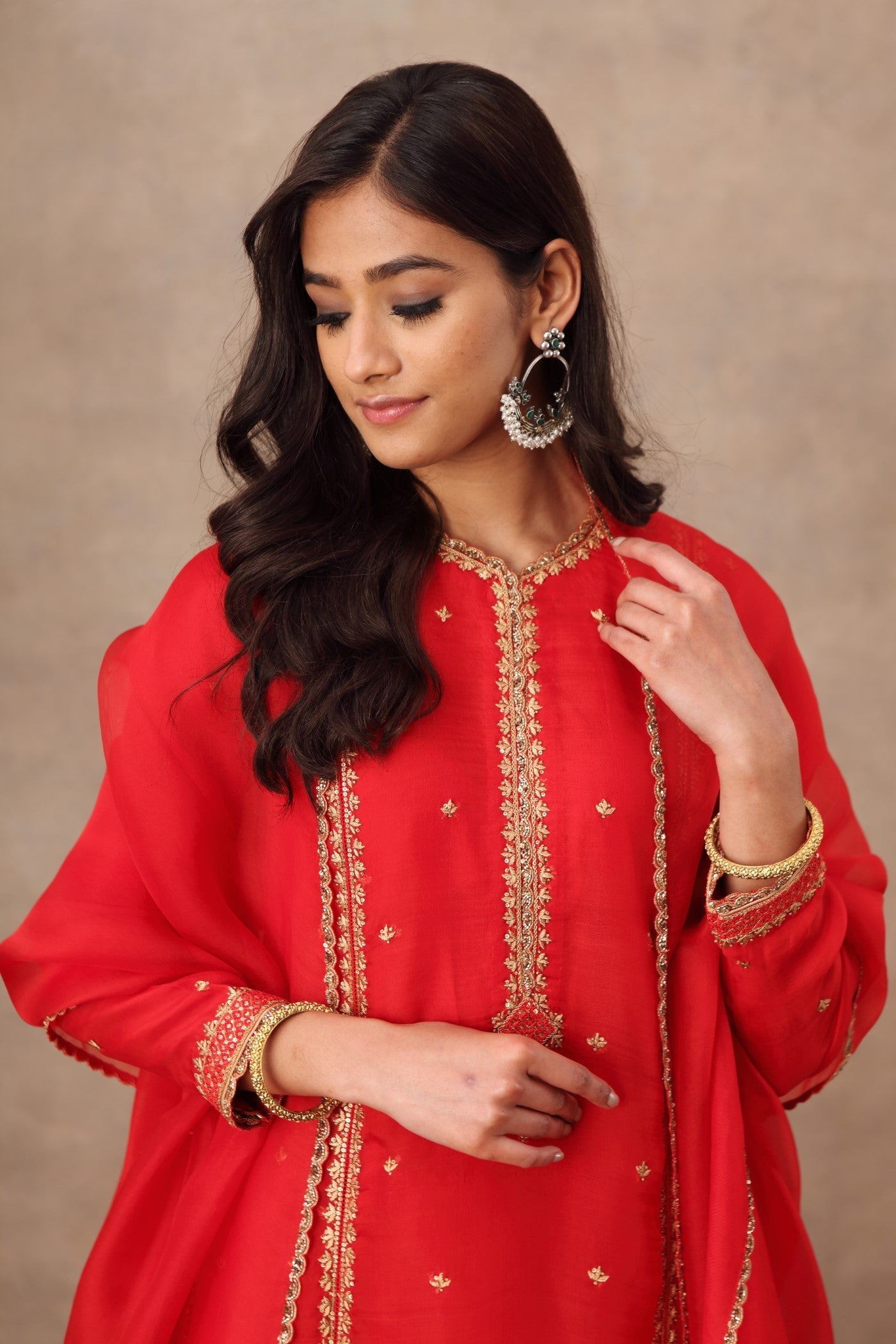Hand Embroidered True Red Pure Katan Silk Kurta Palazzo Set
