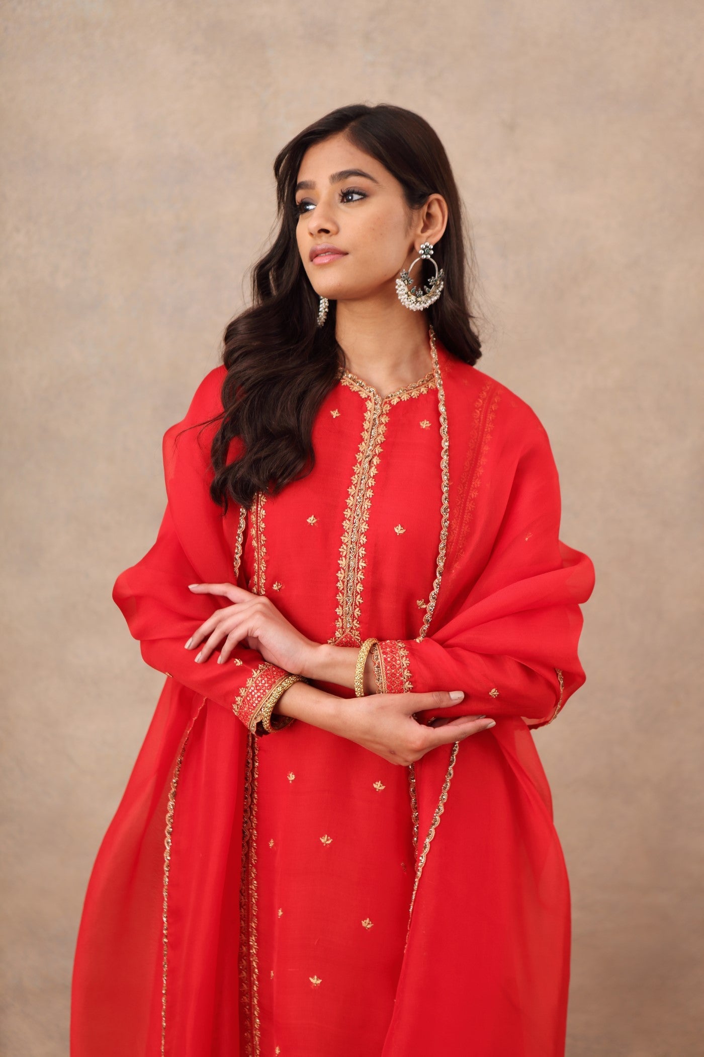 Hand Embroidered True Red Pure Katan Silk Kurta Palazzo Set