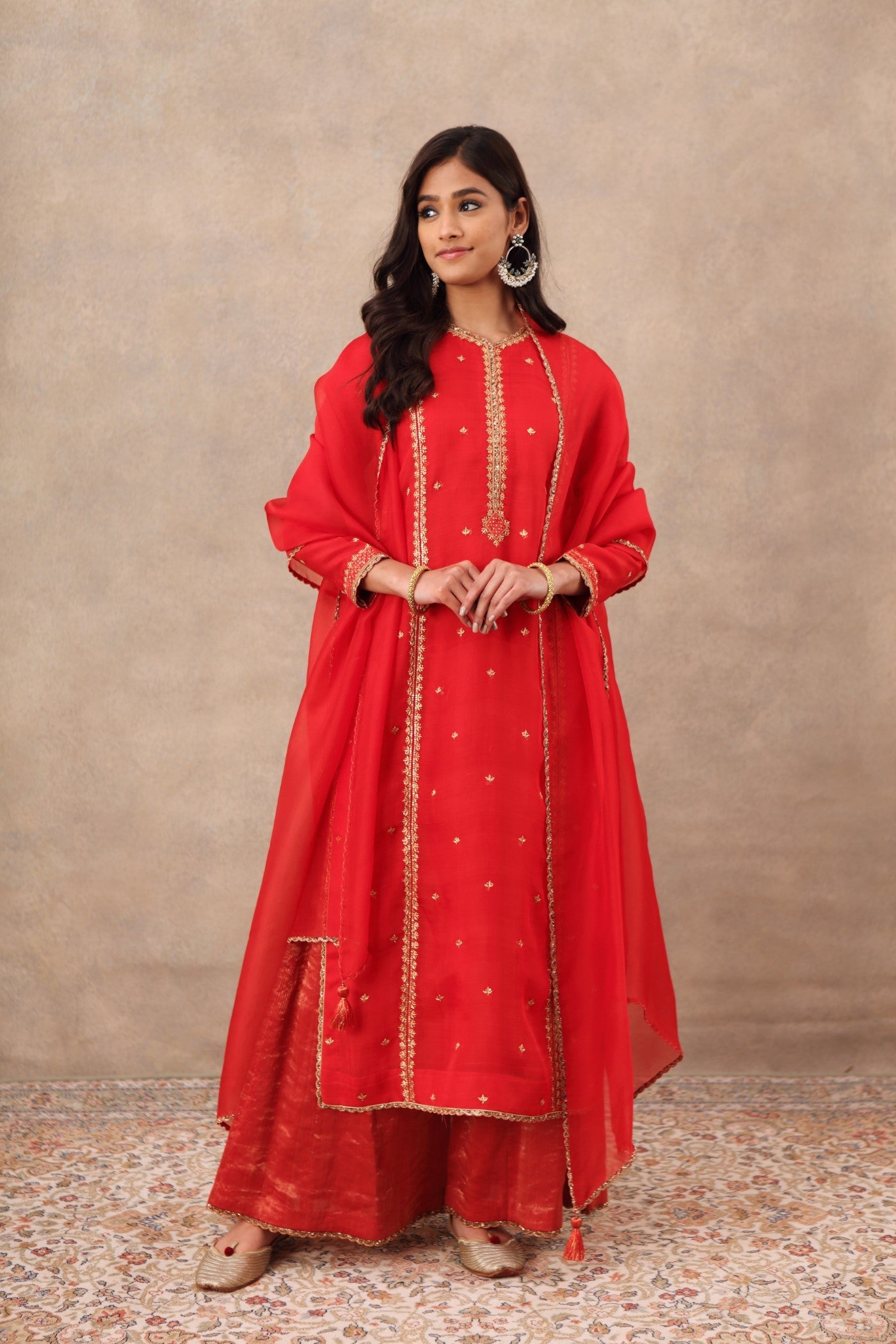 Hand Embroidered True Red Pure Katan Silk Kurta Palazzo Set