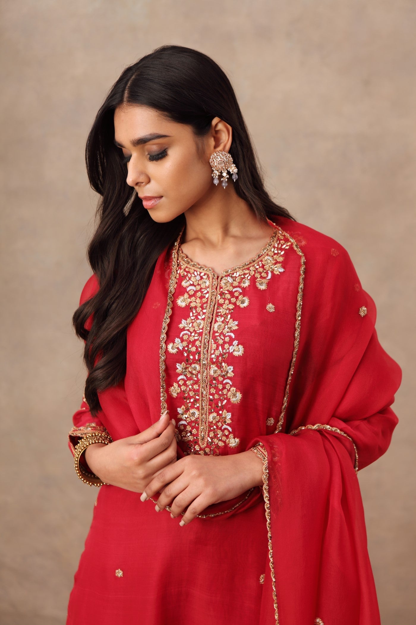 Hand Embroidered Crimson Pink Pure Katan Silk Kurta Palazzo Set