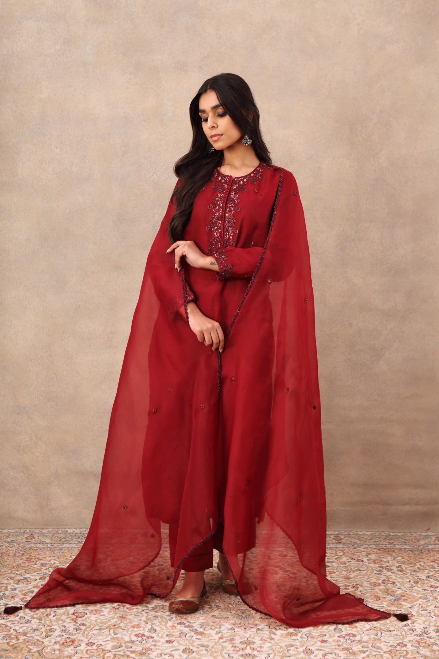 Hand Embroidered Wine Red Pure Katan Silk Kurta Pants Set