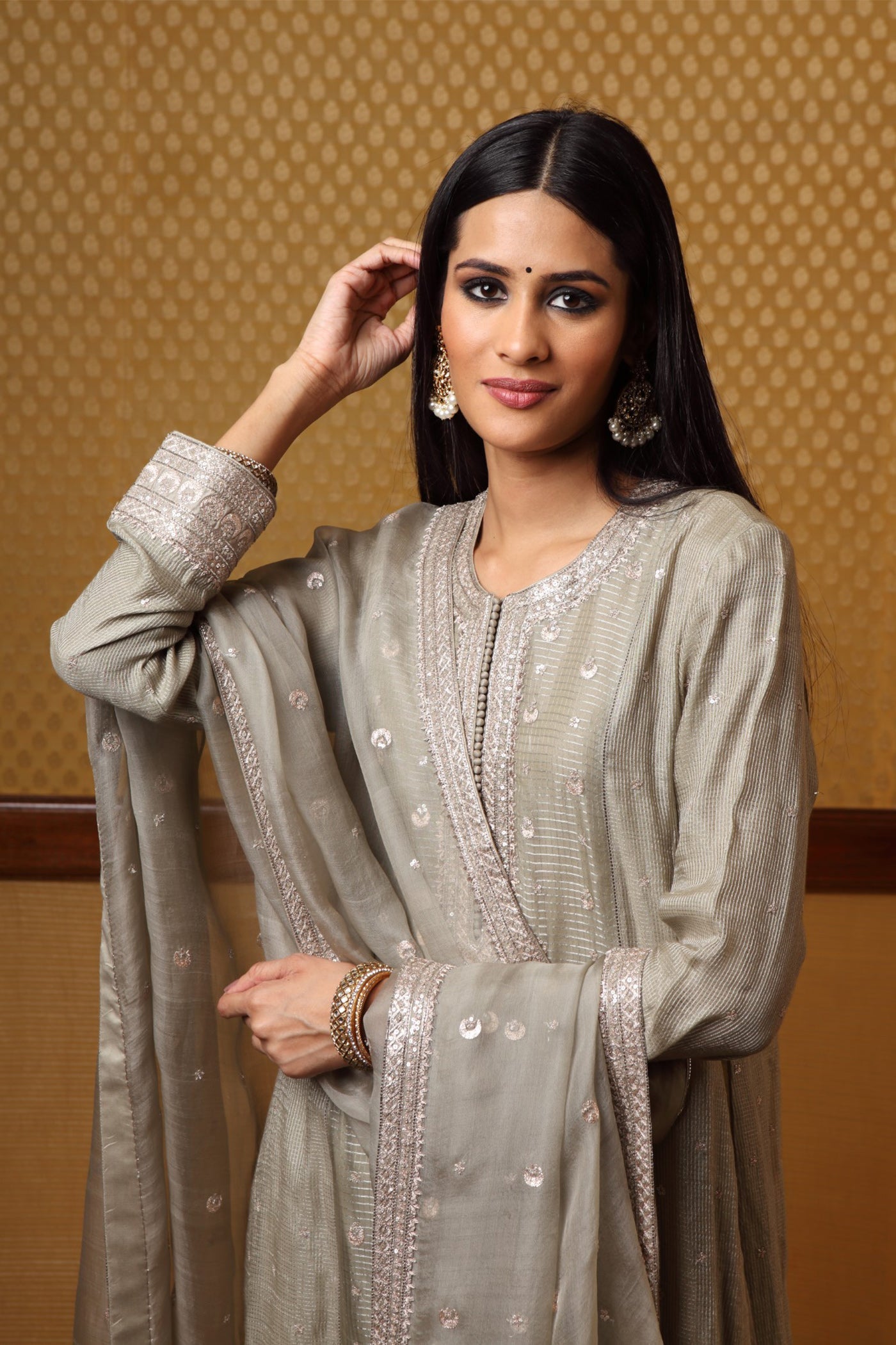 Handembroidered Ferngreen Pure Katansilk Kurtaplazzo Set