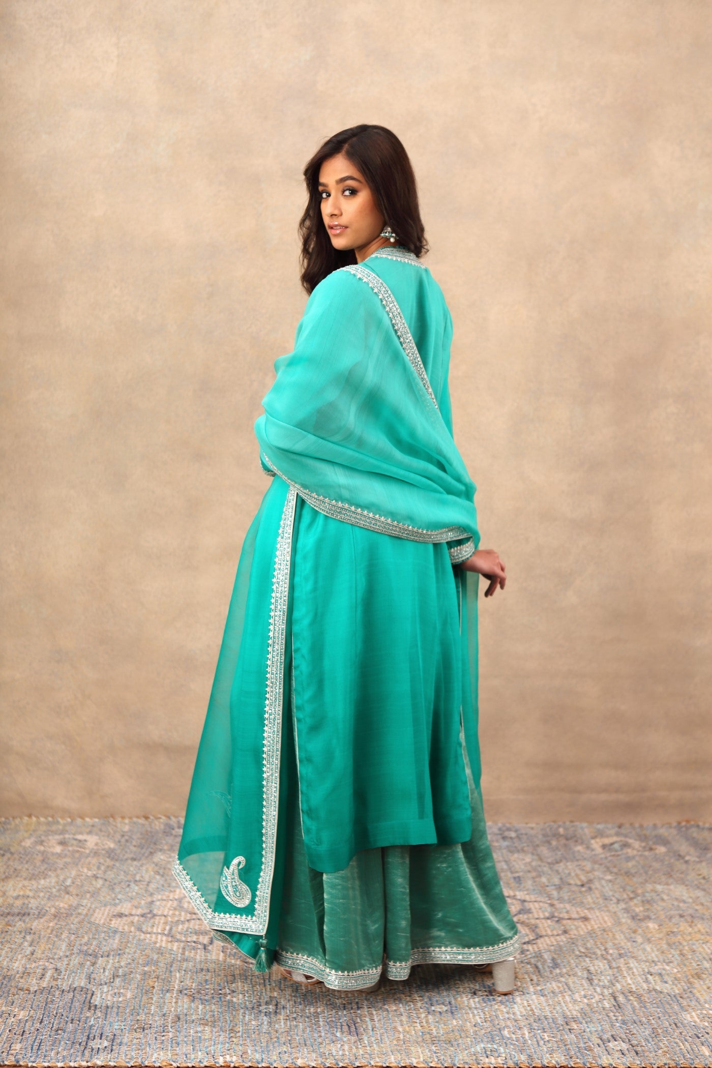 Hand Embroidered Sea Green Pure Katan Silk Kurta Palazzo Set