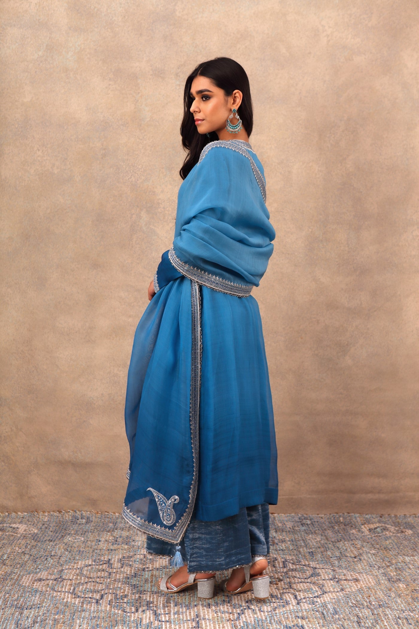 Hand Embroidered Imperial Blue Pure Katan Silk Kurta Palazzo Set
