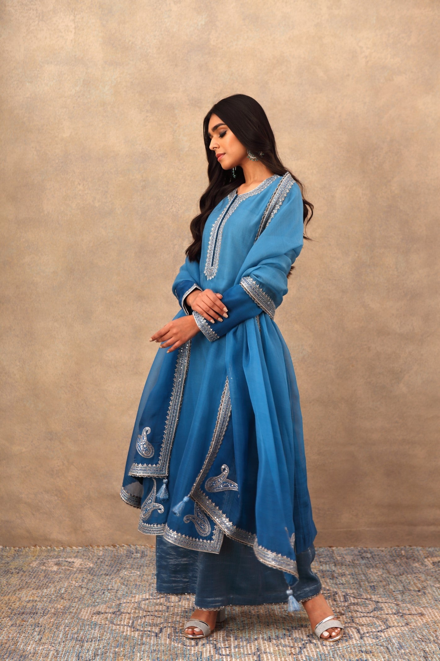 Hand Embroidered Imperial Blue Pure Katan Silk Kurta Palazzo Set