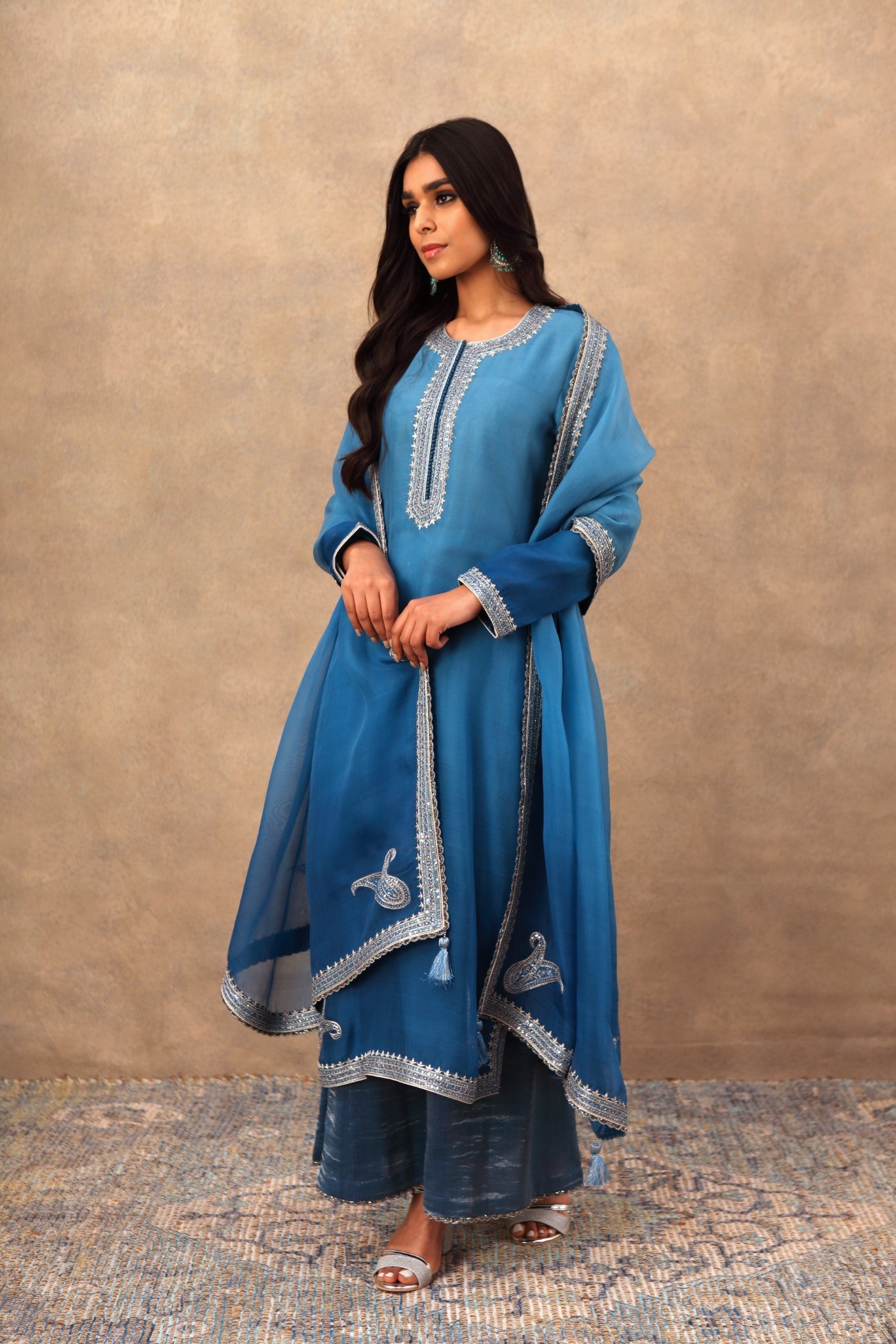 Hand Embroidered Imperial Blue Pure Katan Silk Kurta Palazzo Set