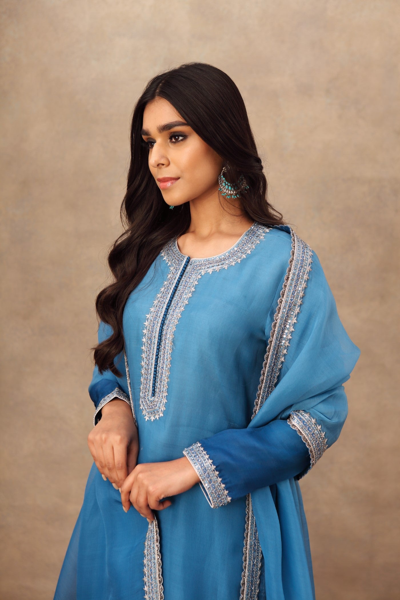 Hand Embroidered Imperial Blue Pure Katan Silk Kurta Palazzo Set