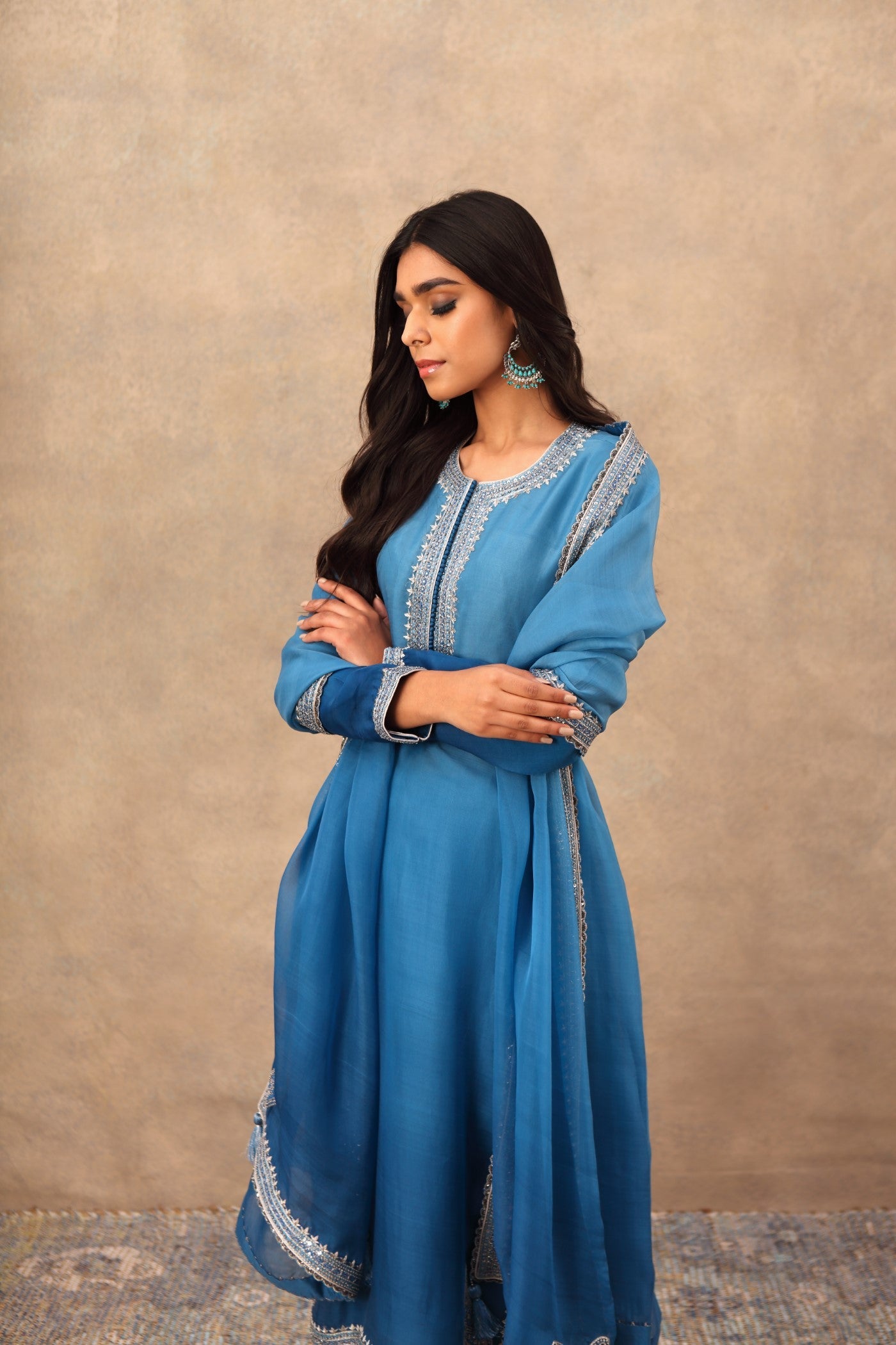 Hand Embroidered Imperial Blue Pure Katan Silk Kurta Palazzo Set