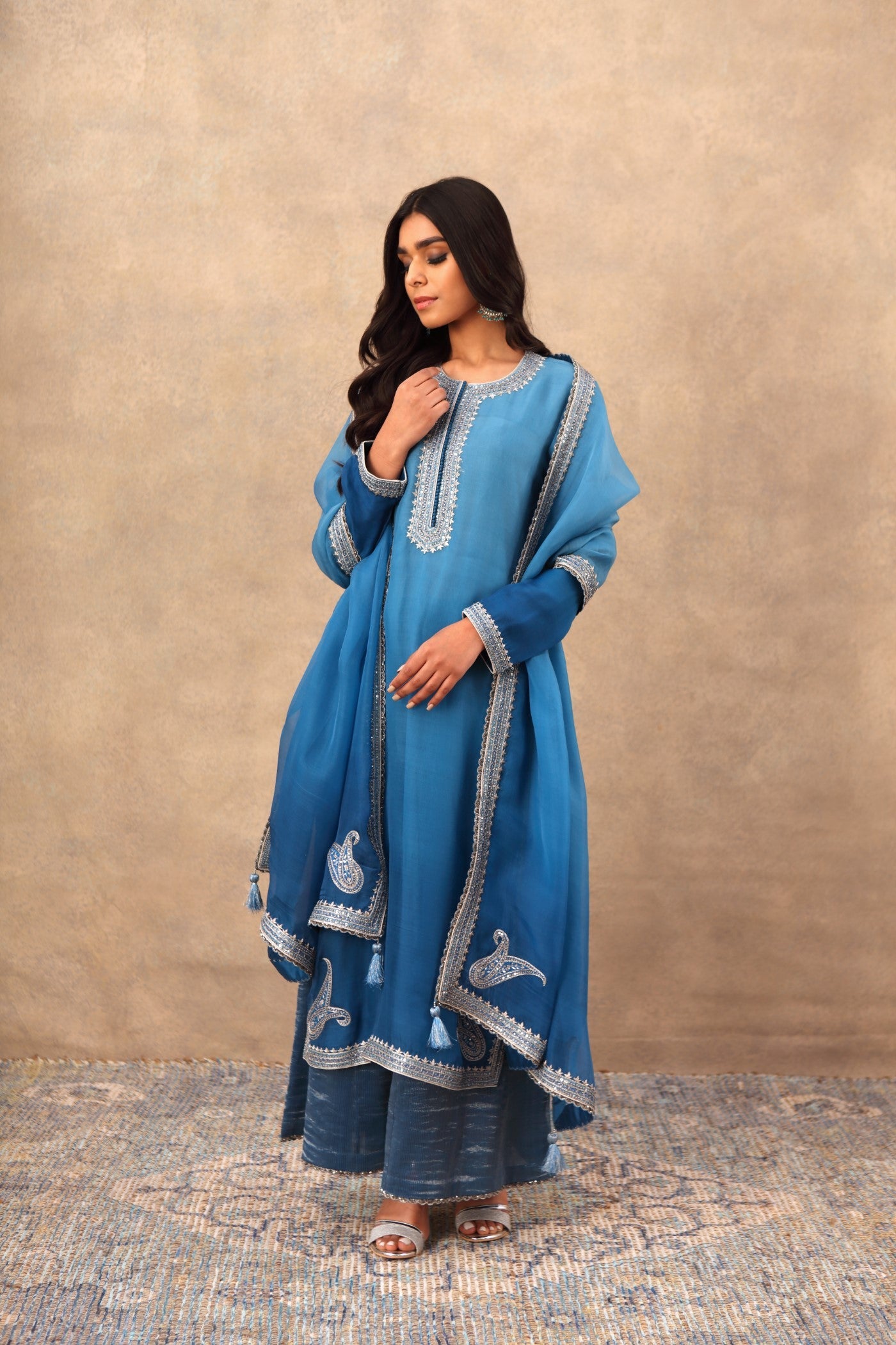 Hand Embroidered Imperial Blue Pure Katan Silk Kurta Palazzo Set