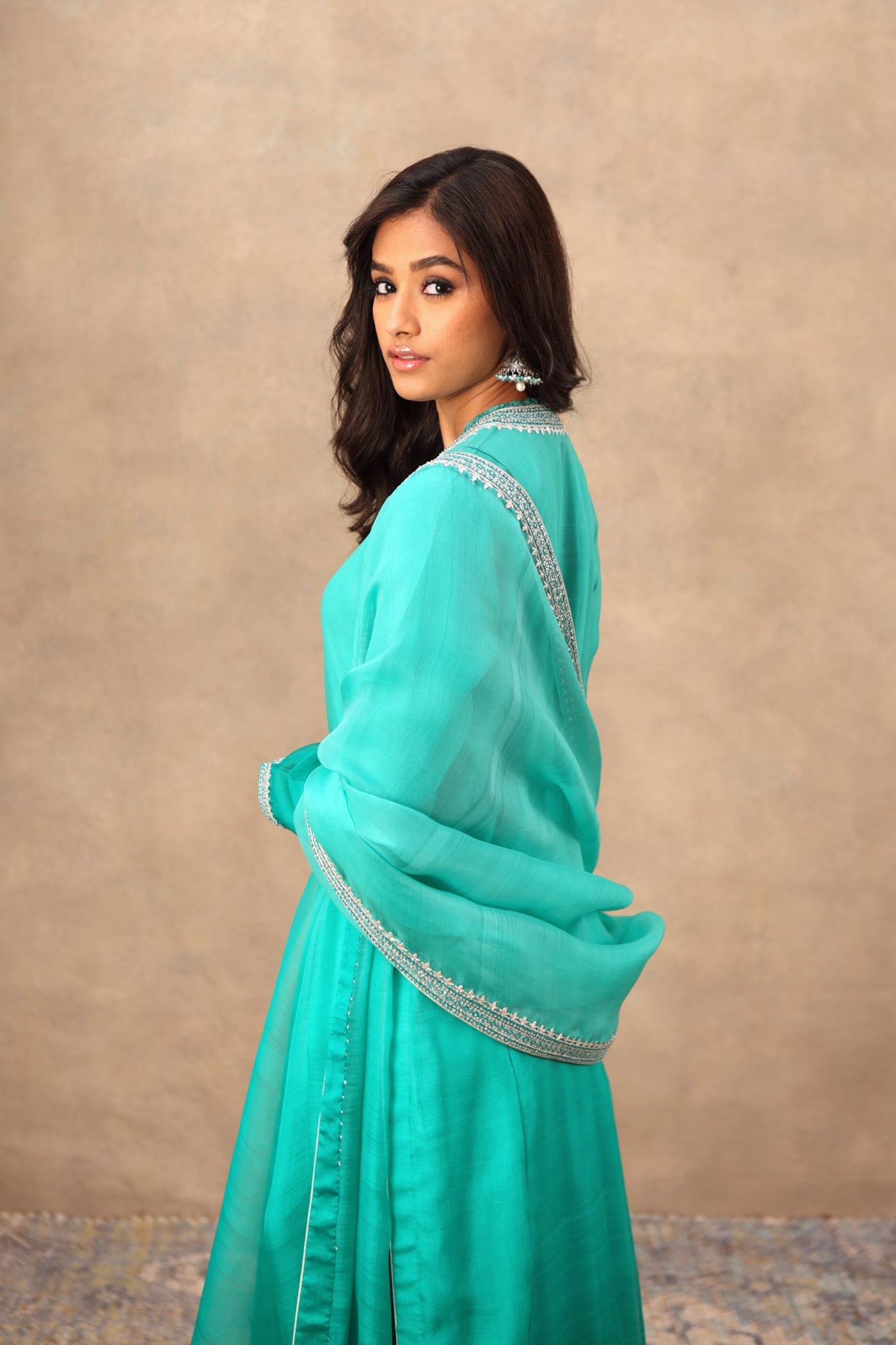 Hand Embroidered Sea Green Pure Katan Silk Kurta Palazzo Set
