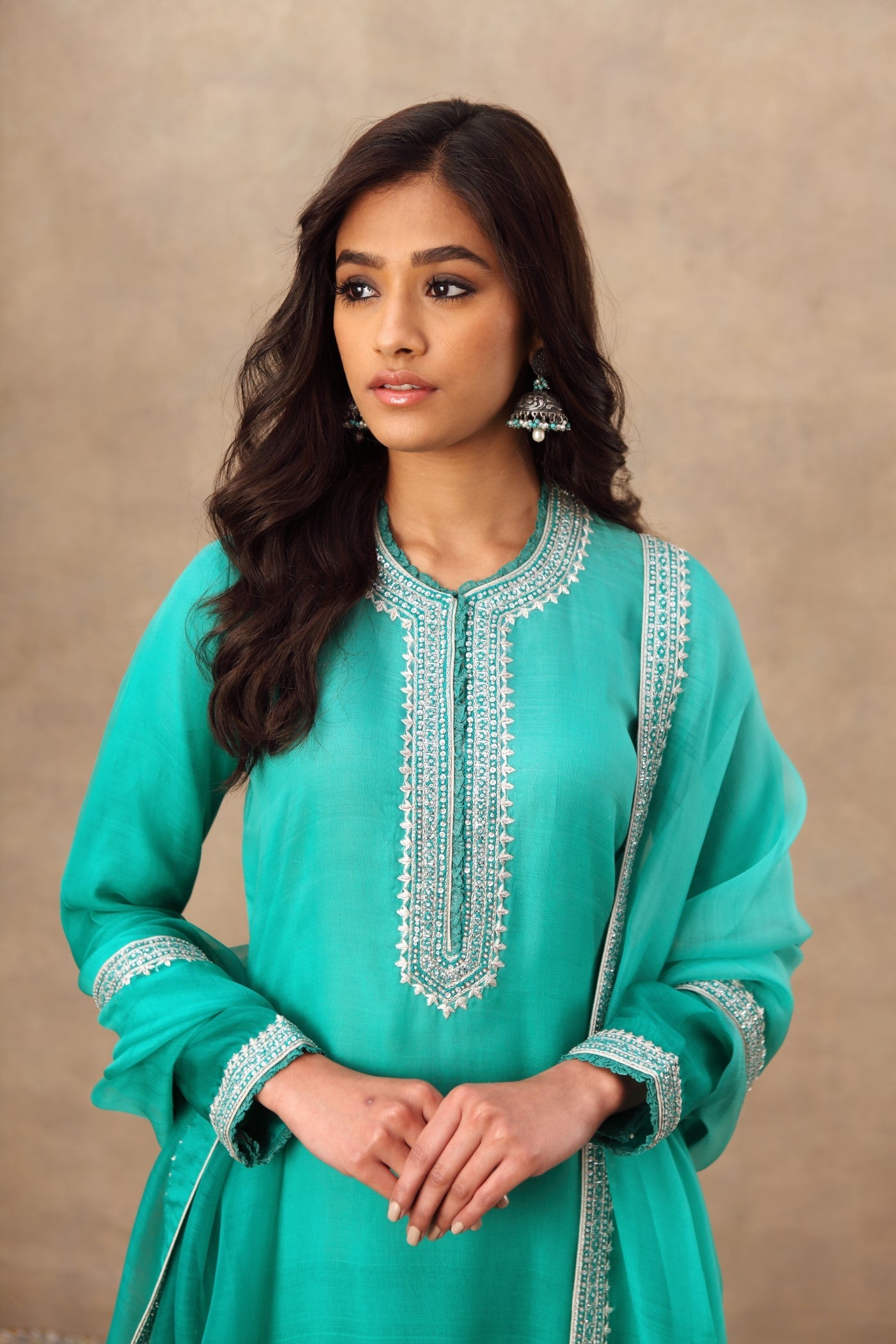 Hand Embroidered Sea Green Pure Katan Silk Kurta Palazzo Set