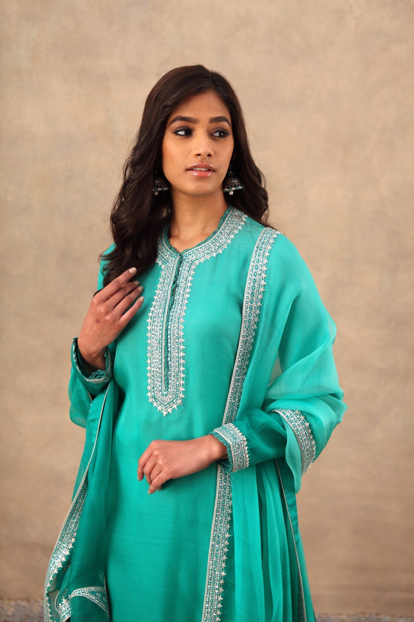Hand Embroidered Sea Green Pure Katan Silk Kurta Palazzo Set