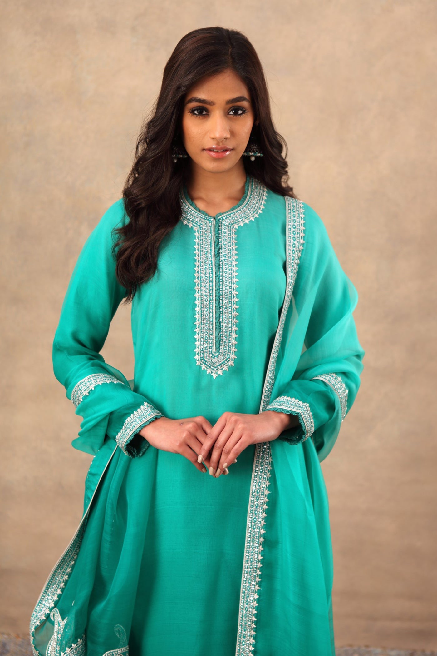 Hand Embroidered Sea Green Pure Katan Silk Kurta Palazzo Set