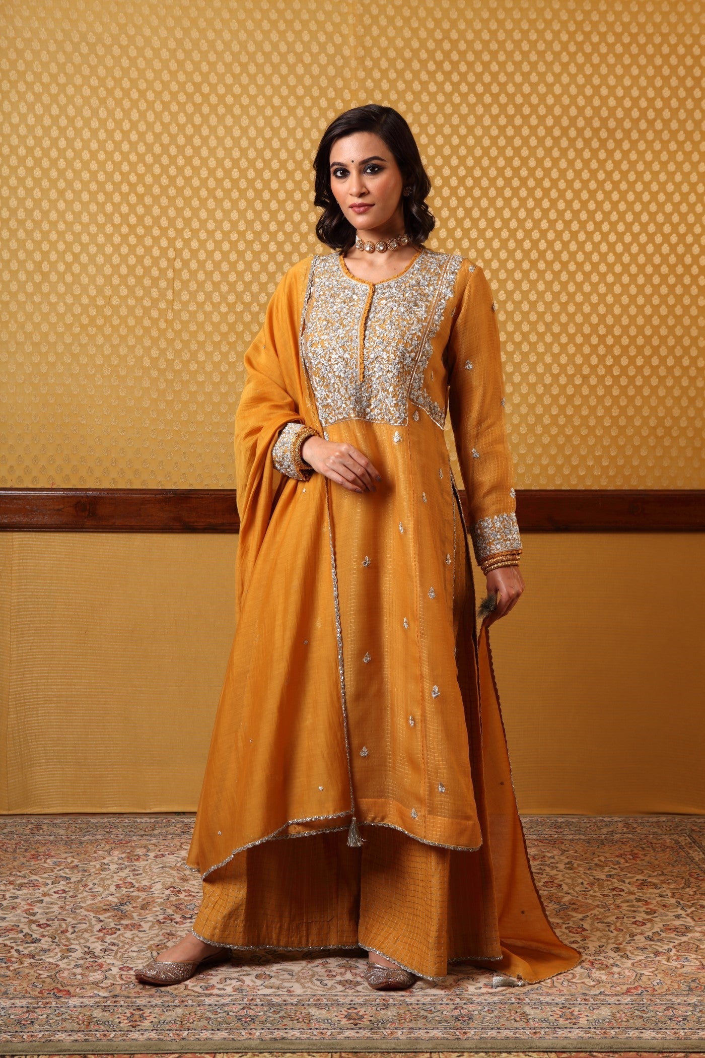 Hand Embroidered Musturd  Yellow Kurta  Plazzo Set