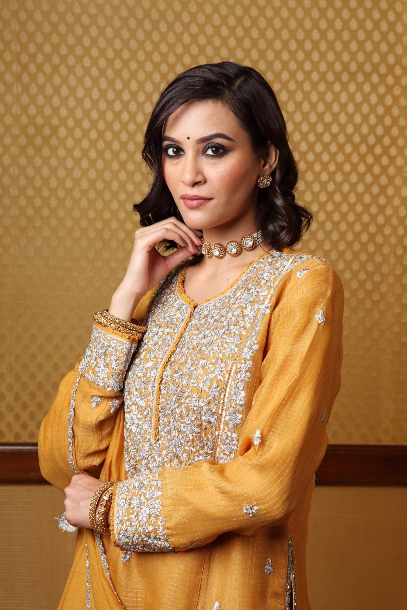 Hand Embroidered Musturd  Yellow Kurta  Plazzo Set