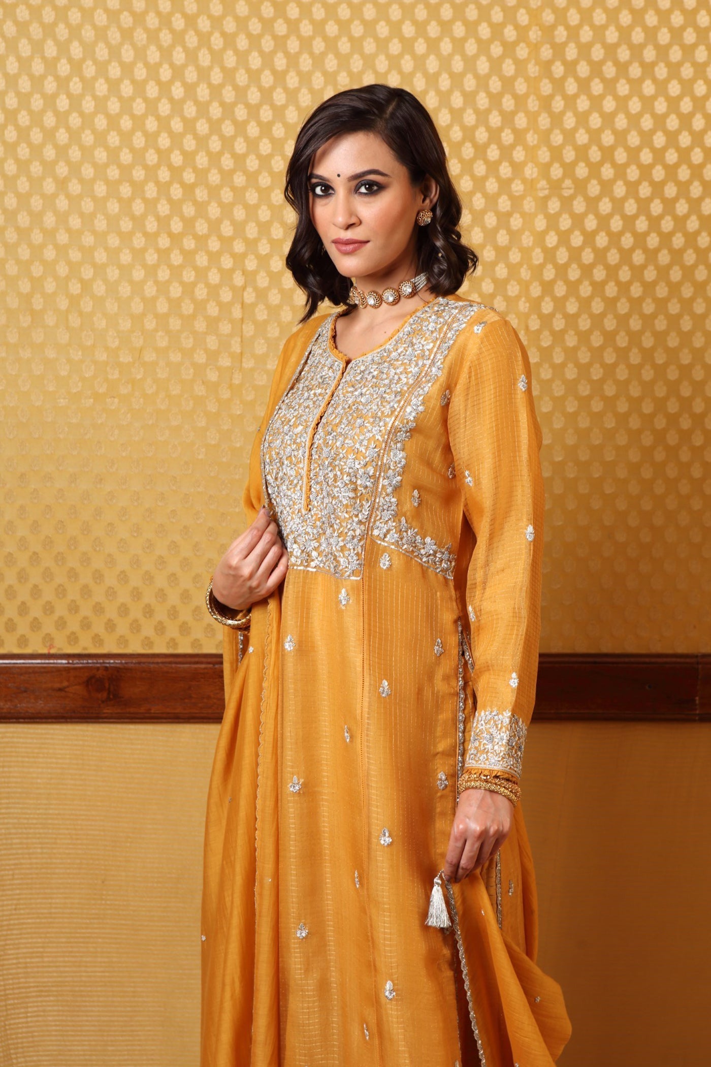 Hand Embroidered Musturd  Yellow Kurta  Plazzo Set