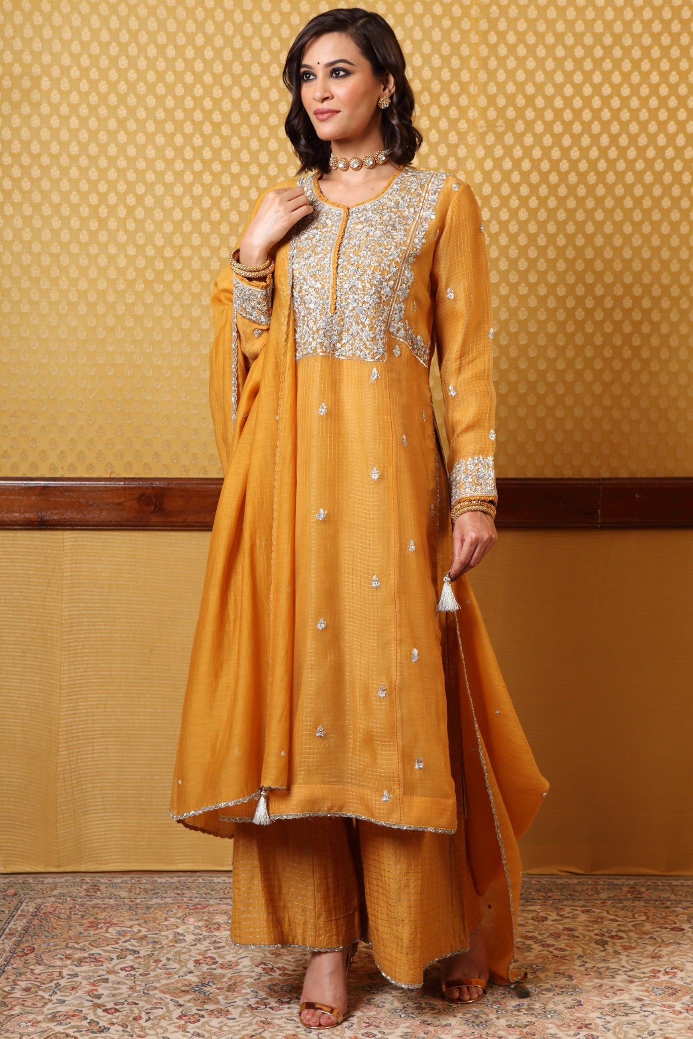 Hand Embroidered Musturd  Yellow Kurta  Plazzo Set