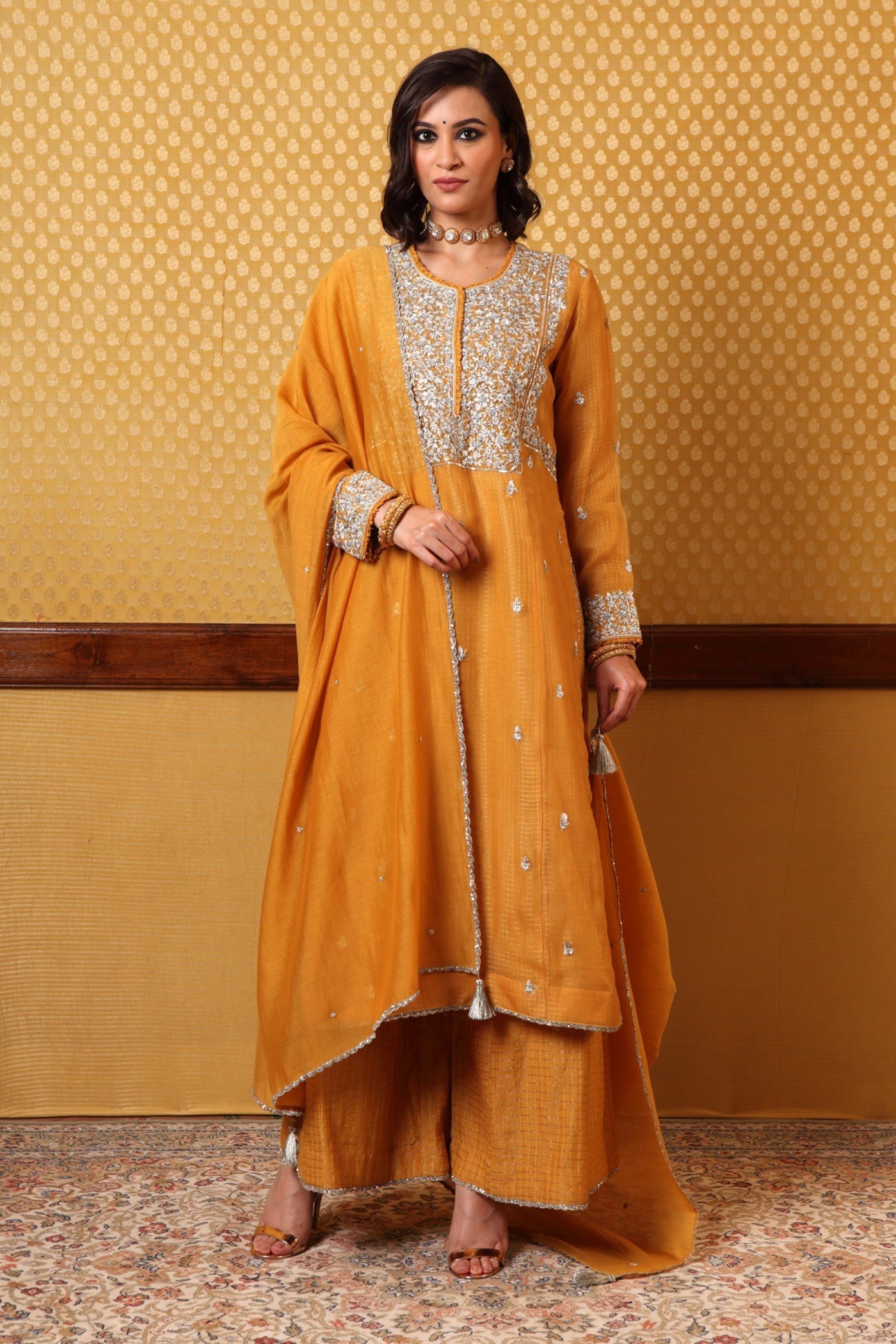 Hand Embroidered Musturd  Yellow Kurta  Plazzo Set