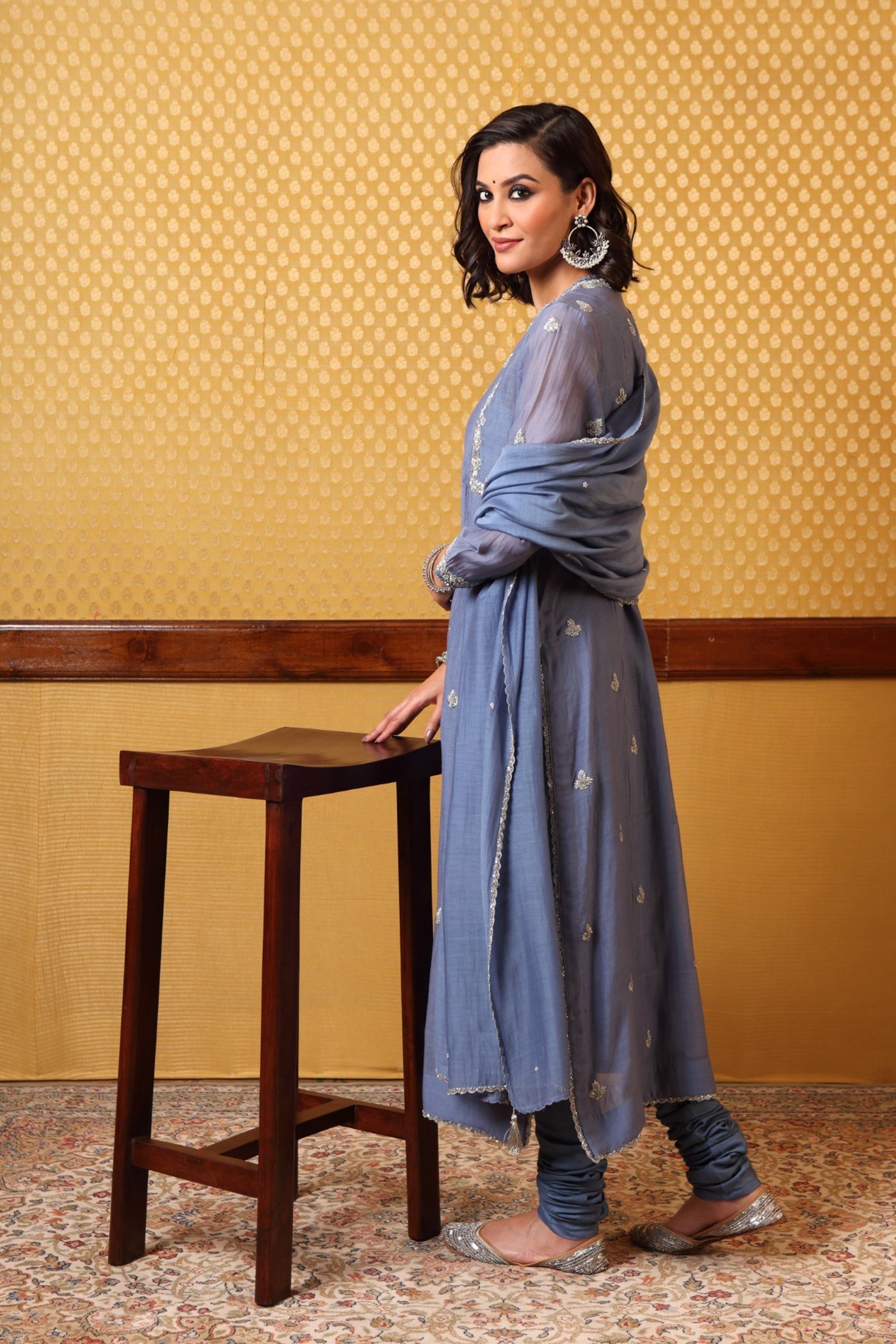 Handembroidered Allureblue Pure Silk Cotton Kurta Pants Set