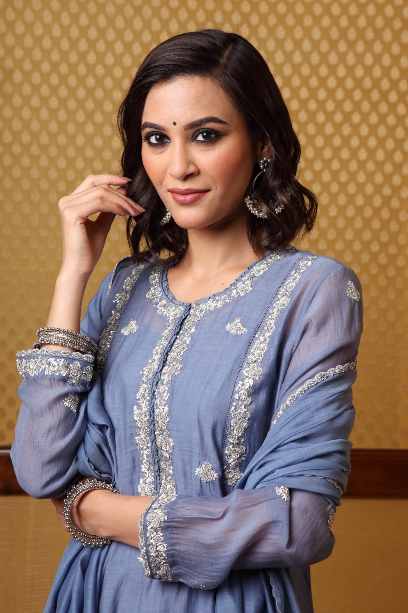 Handembroidered Allureblue Pure Silk Cotton Kurta Pants Set