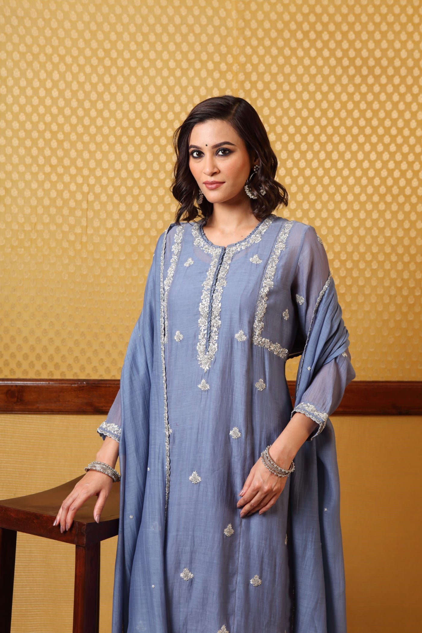 Handembroidered Allureblue Pure Silk Cotton Kurta Pants Set