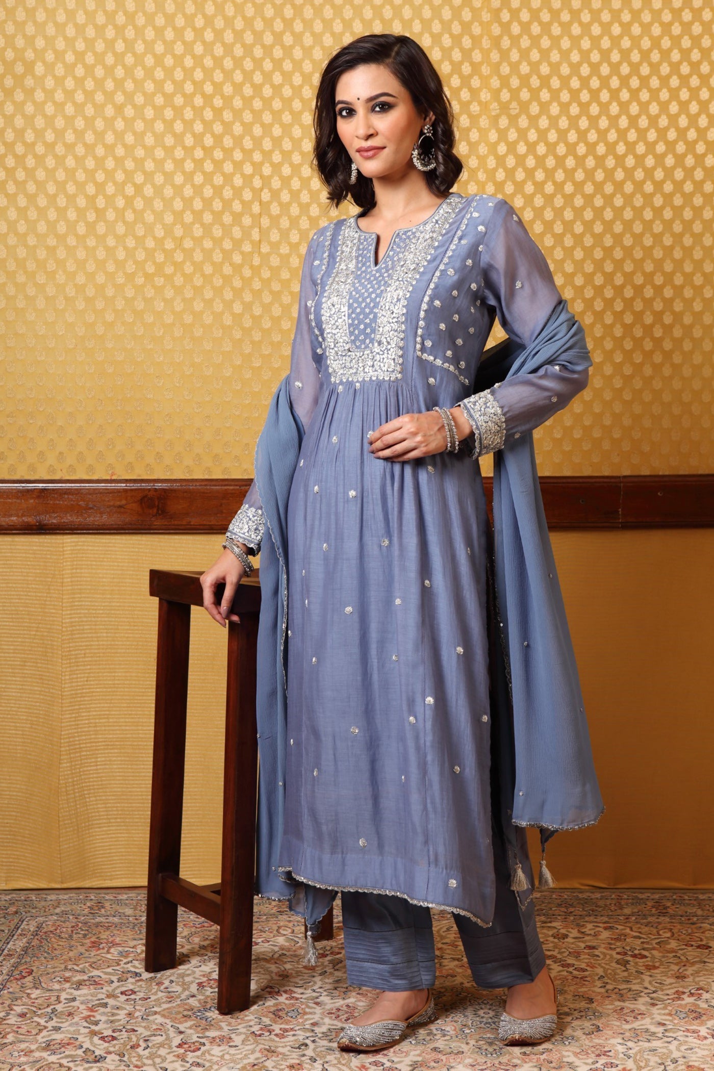 Handembroidered Allureblue Pure Silk Cotton Kurta Pants Set