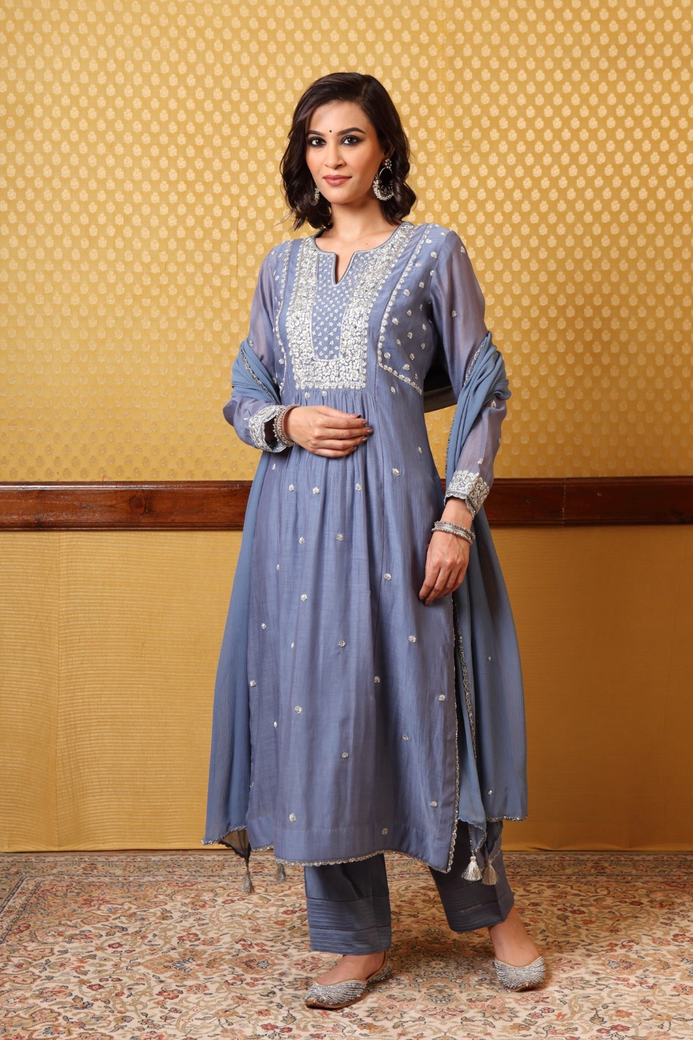 Handembroidered Allureblue Pure Silk Cotton Kurta Pants Set