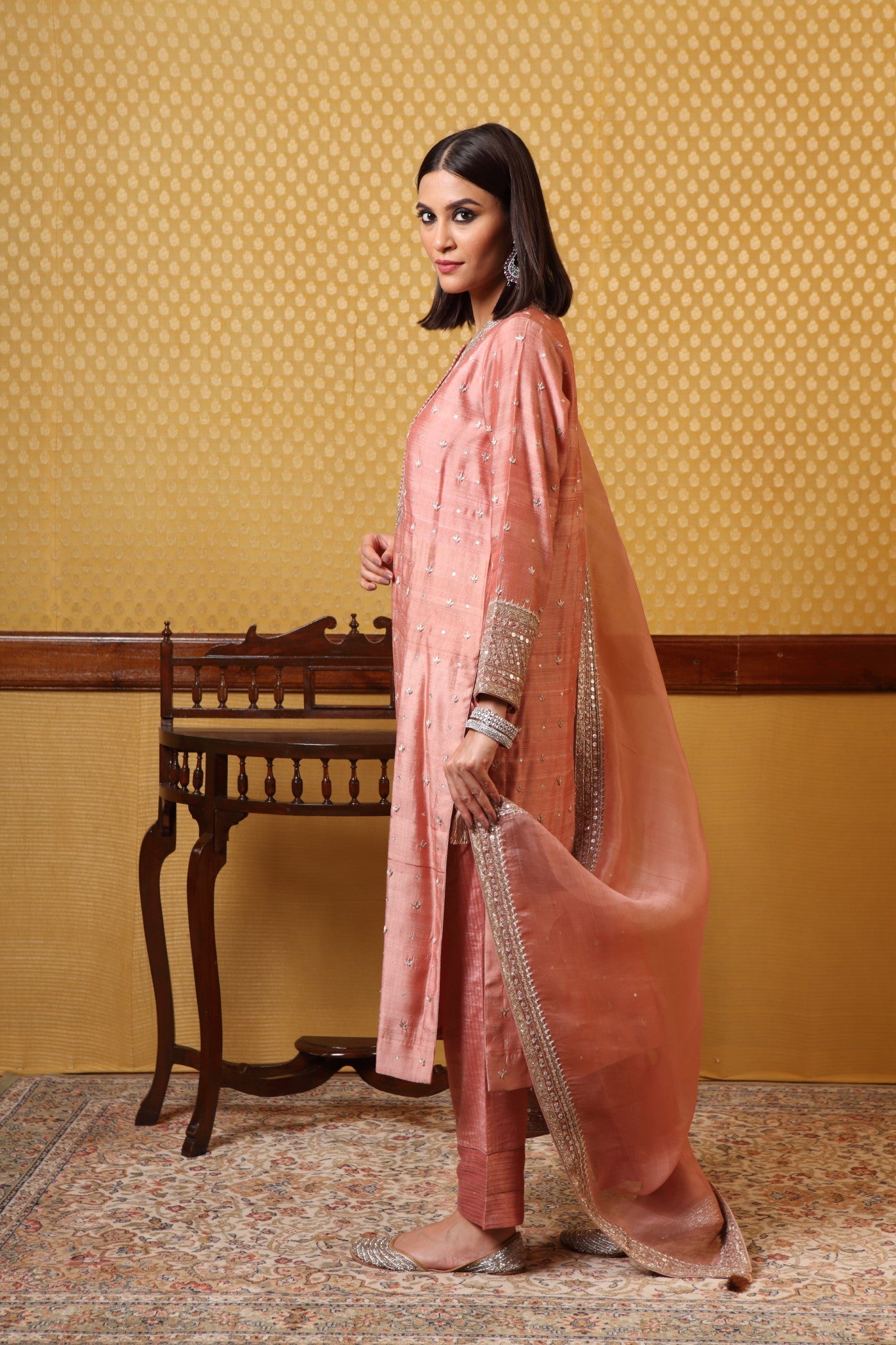 Handembroidered Rosebrown Tussargeorgette Pure Kurta Pants Set