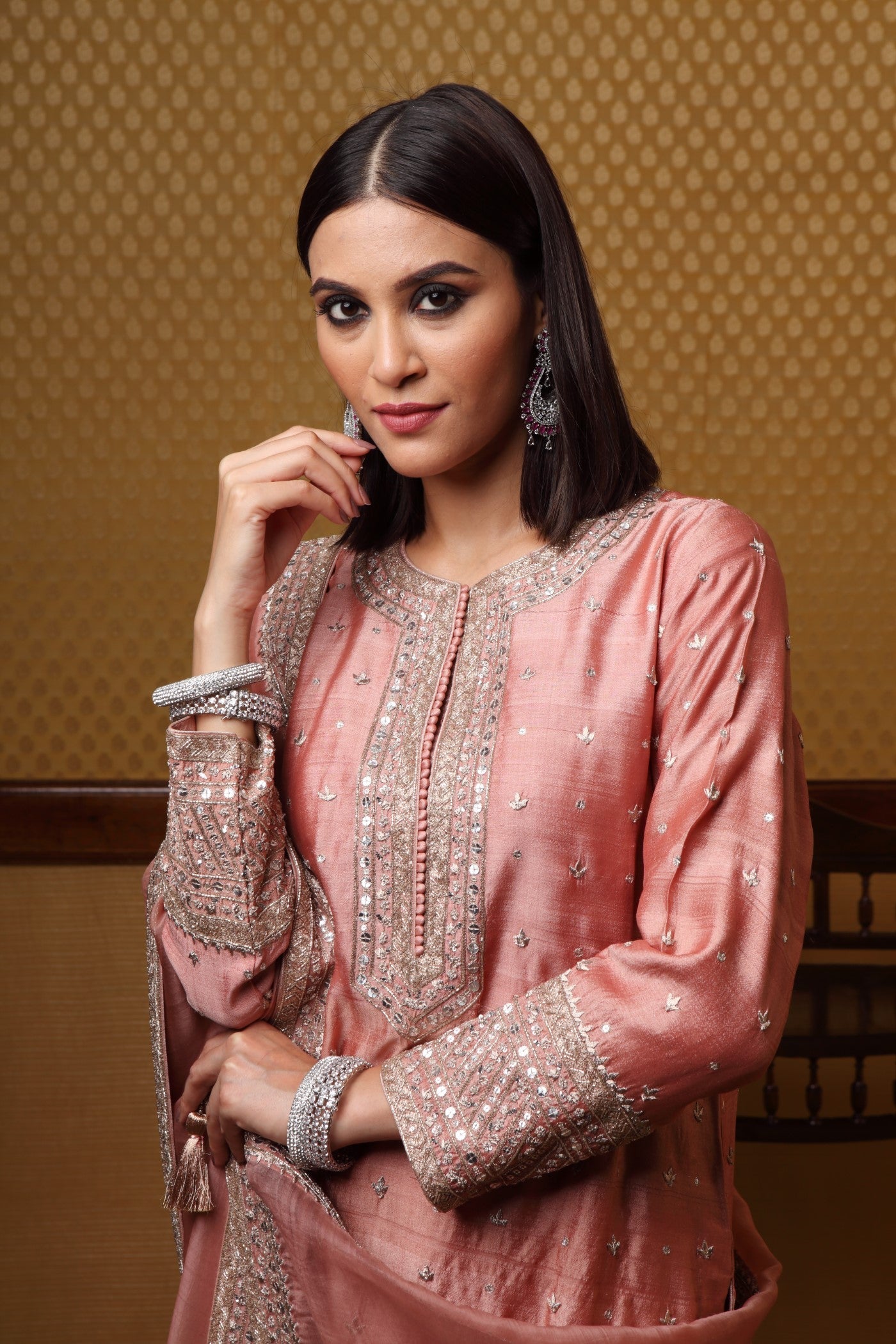 Handembroidered Rosebrown Tussargeorgette Pure Kurta Pants Set