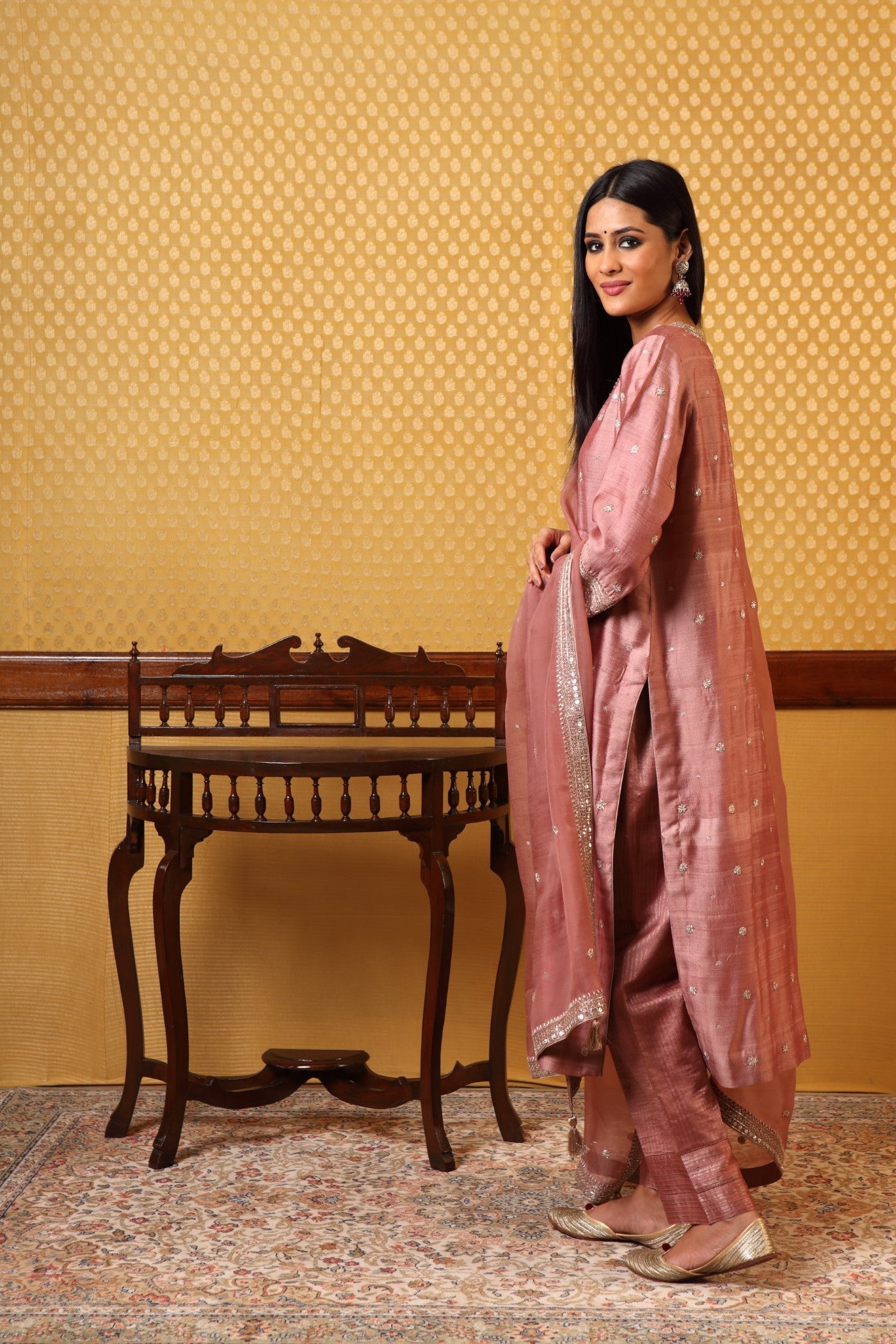 Handembroidered Rosebrown Pure Tussargeorgette Kurtapants Set