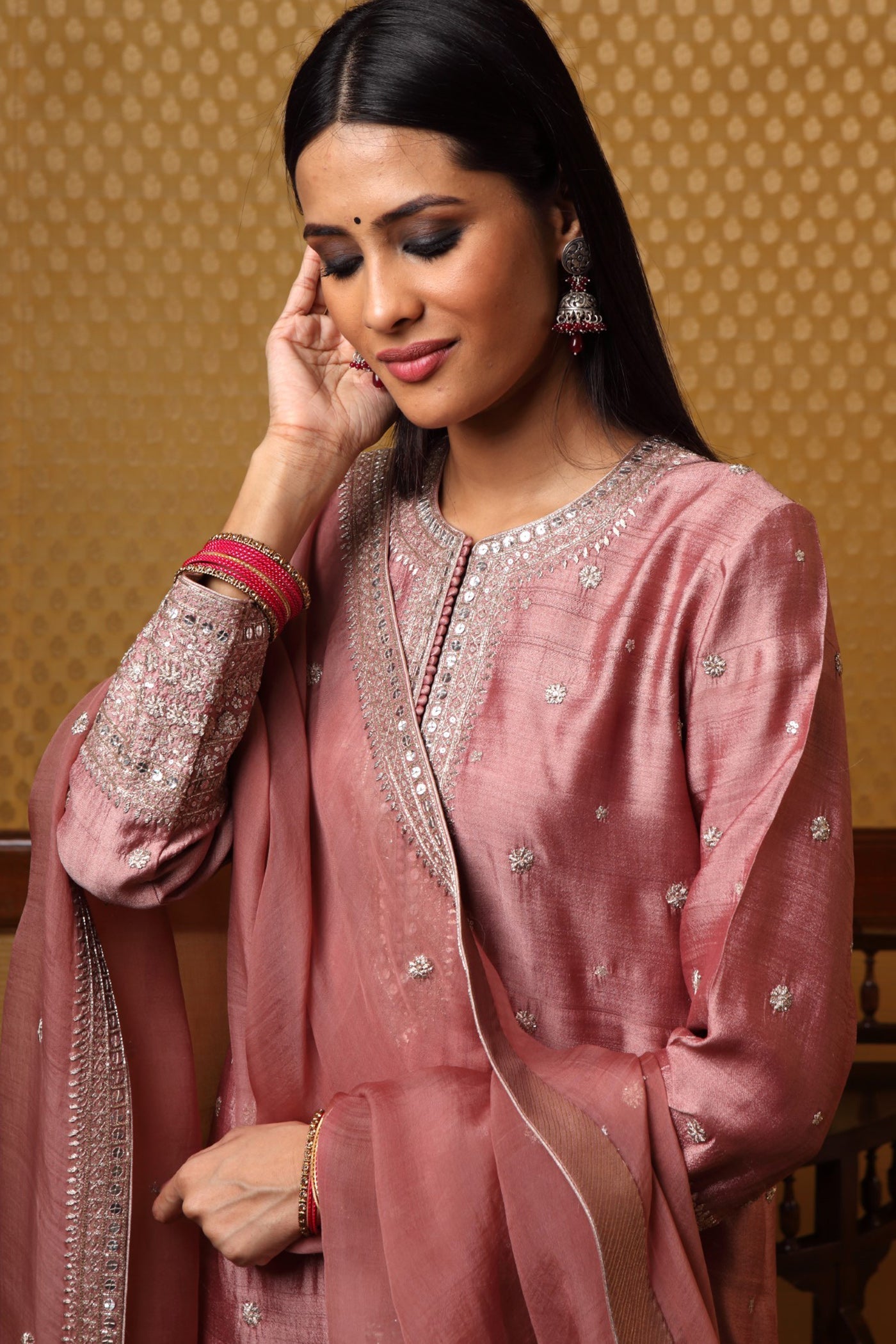 Handembroidered Rosebrown Pure Tussargeorgette Kurtapants Set