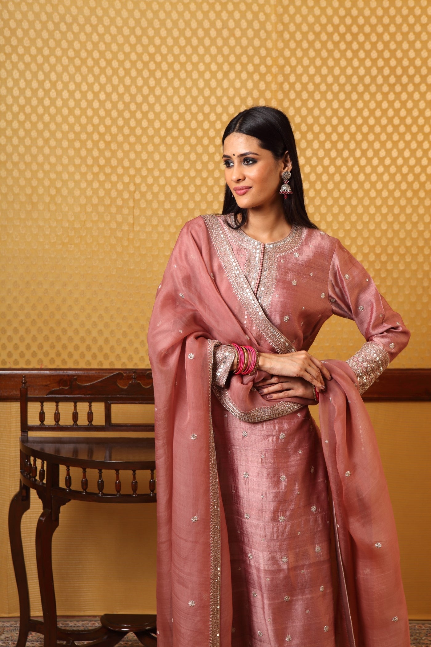 Handembroidered Rosebrown Pure Tussargeorgette Kurtapants Set