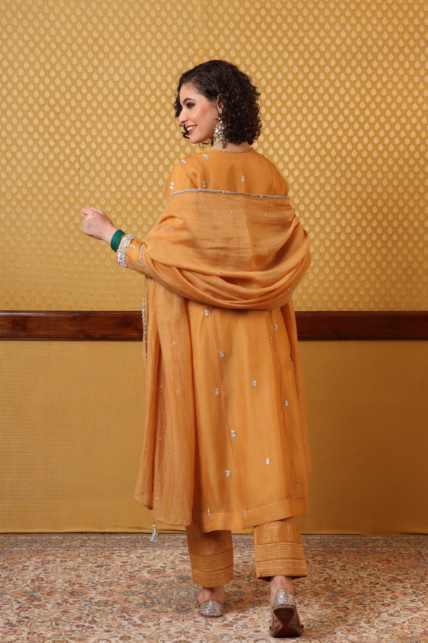 Handembroidered Dustymusturd Pure Silkorganza Kurta Pants Set