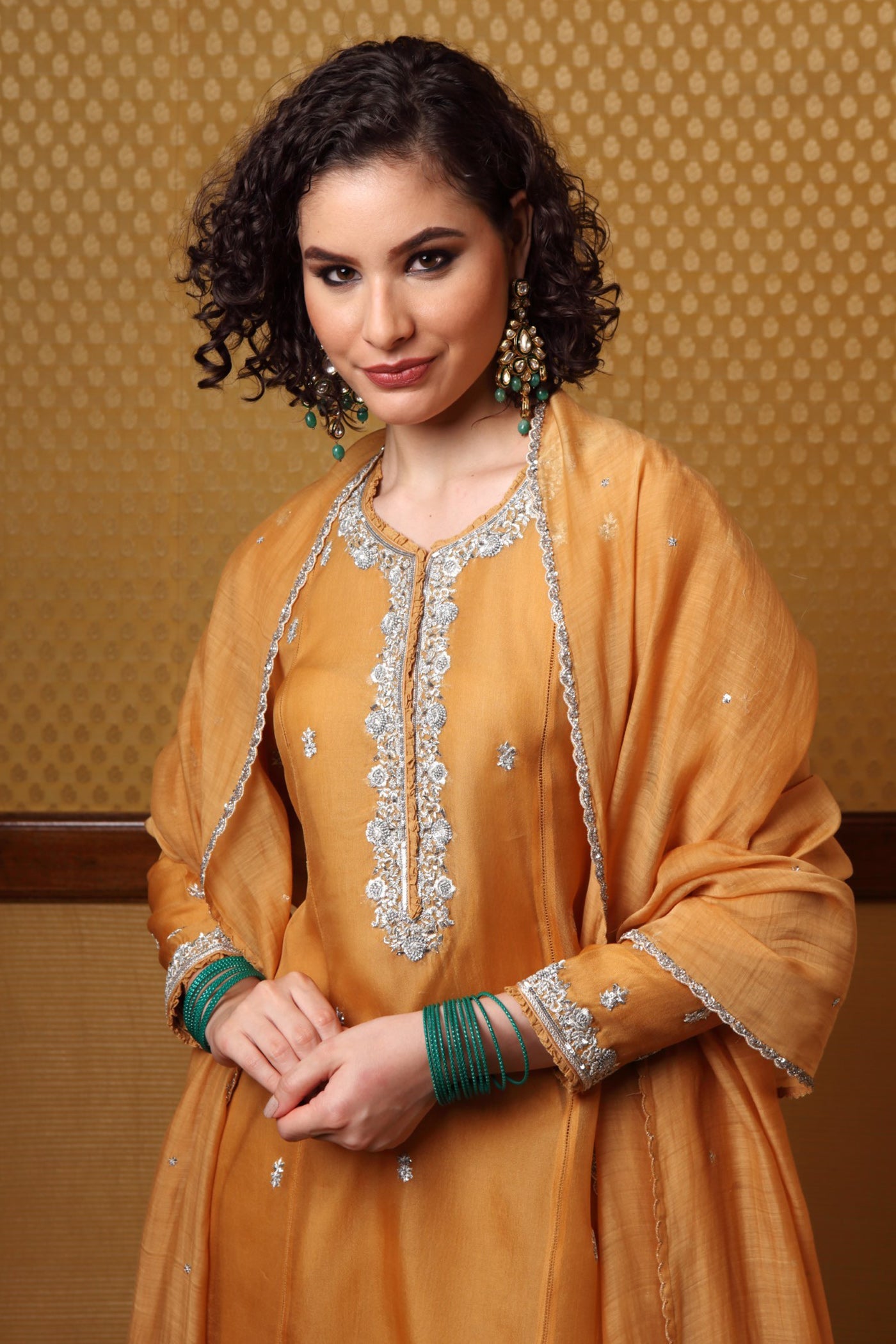 Handembroidered Dustymusturd Pure Silkorganza Kurta Pants Set