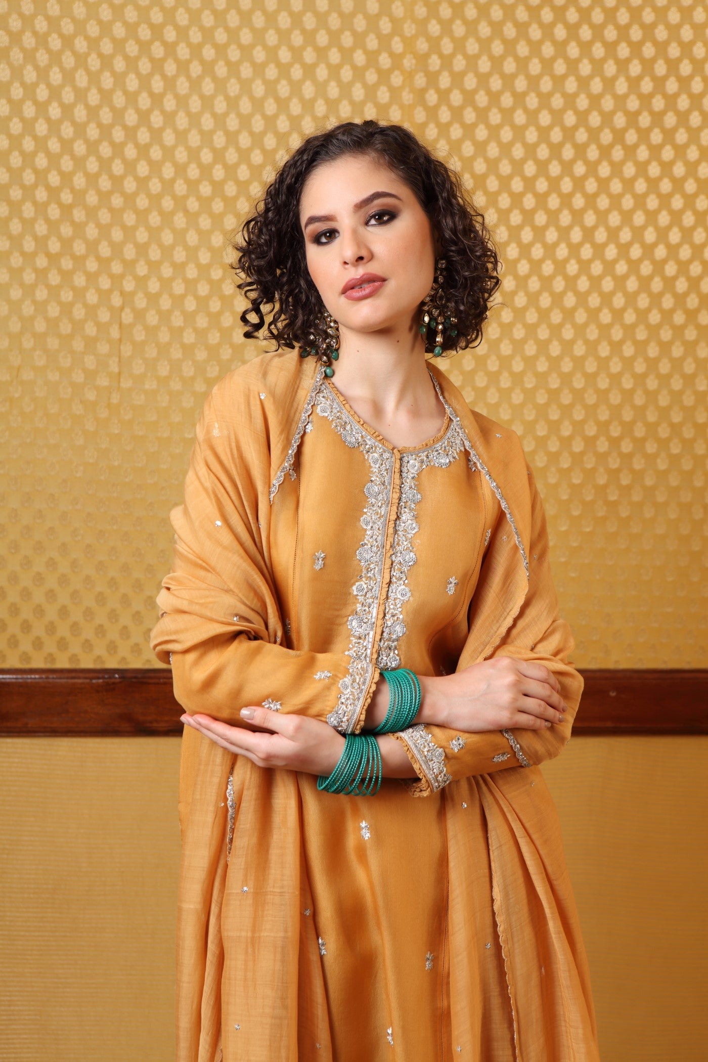 Handembroidered Dustymusturd Pure Silkorganza Kurta Pants Set