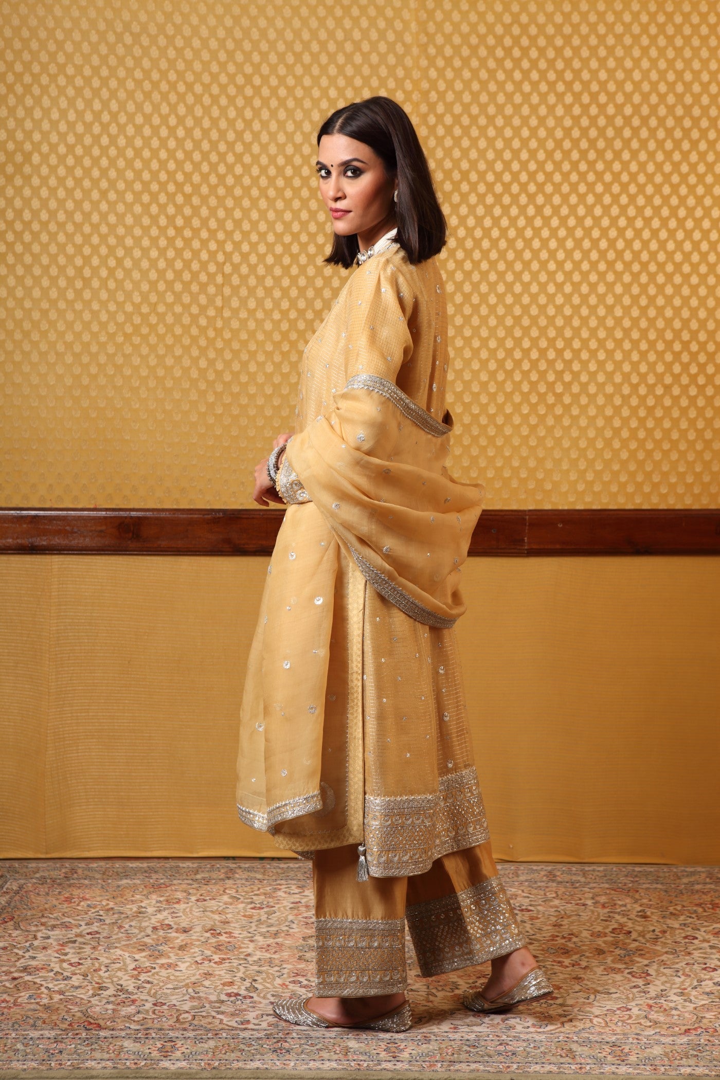 Handembroidered  Pastel yellow Pure Katan Silk Kurta Pants Set