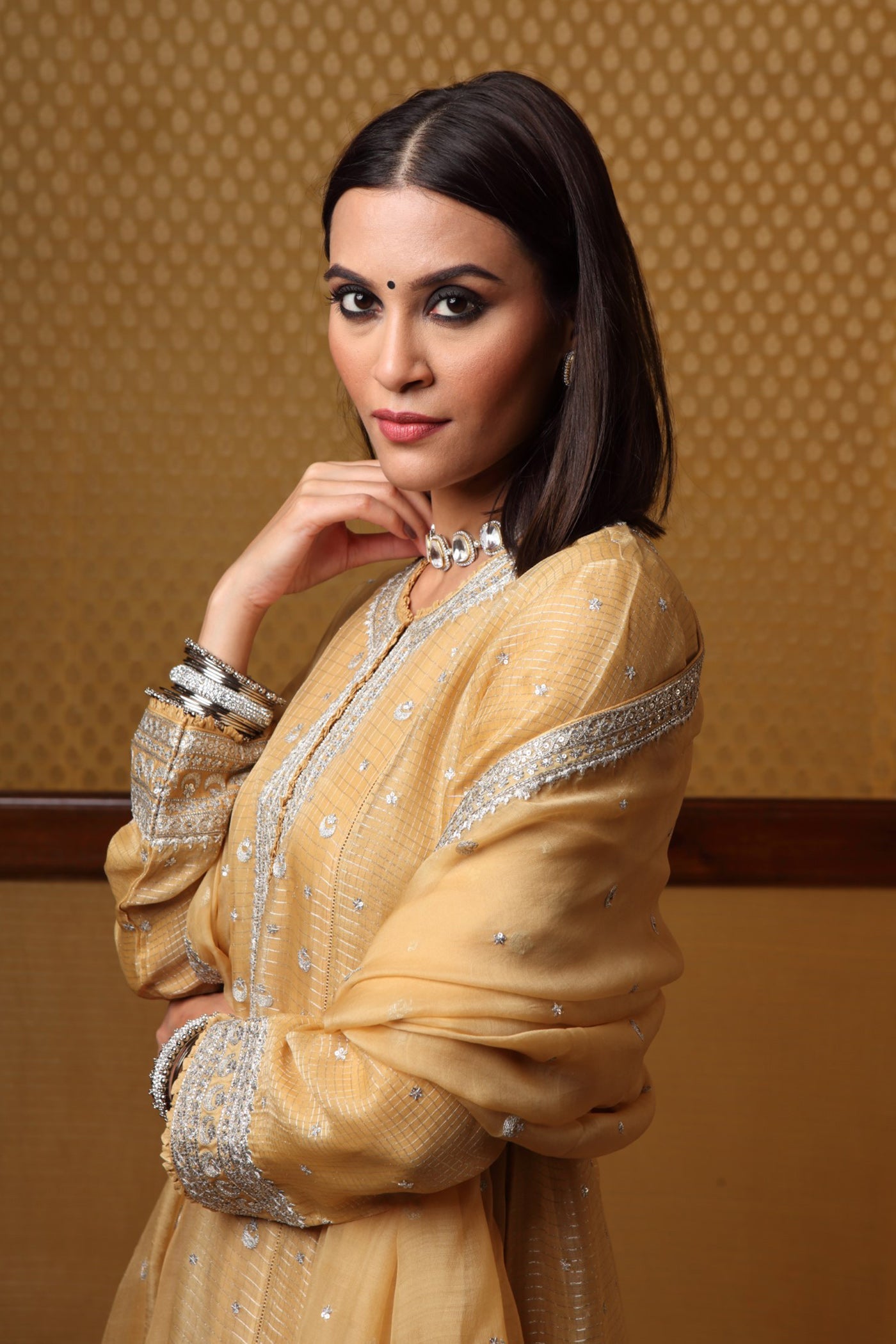 Handembroidered  Pastel yellow Pure Katan Silk Kurta Pants Set